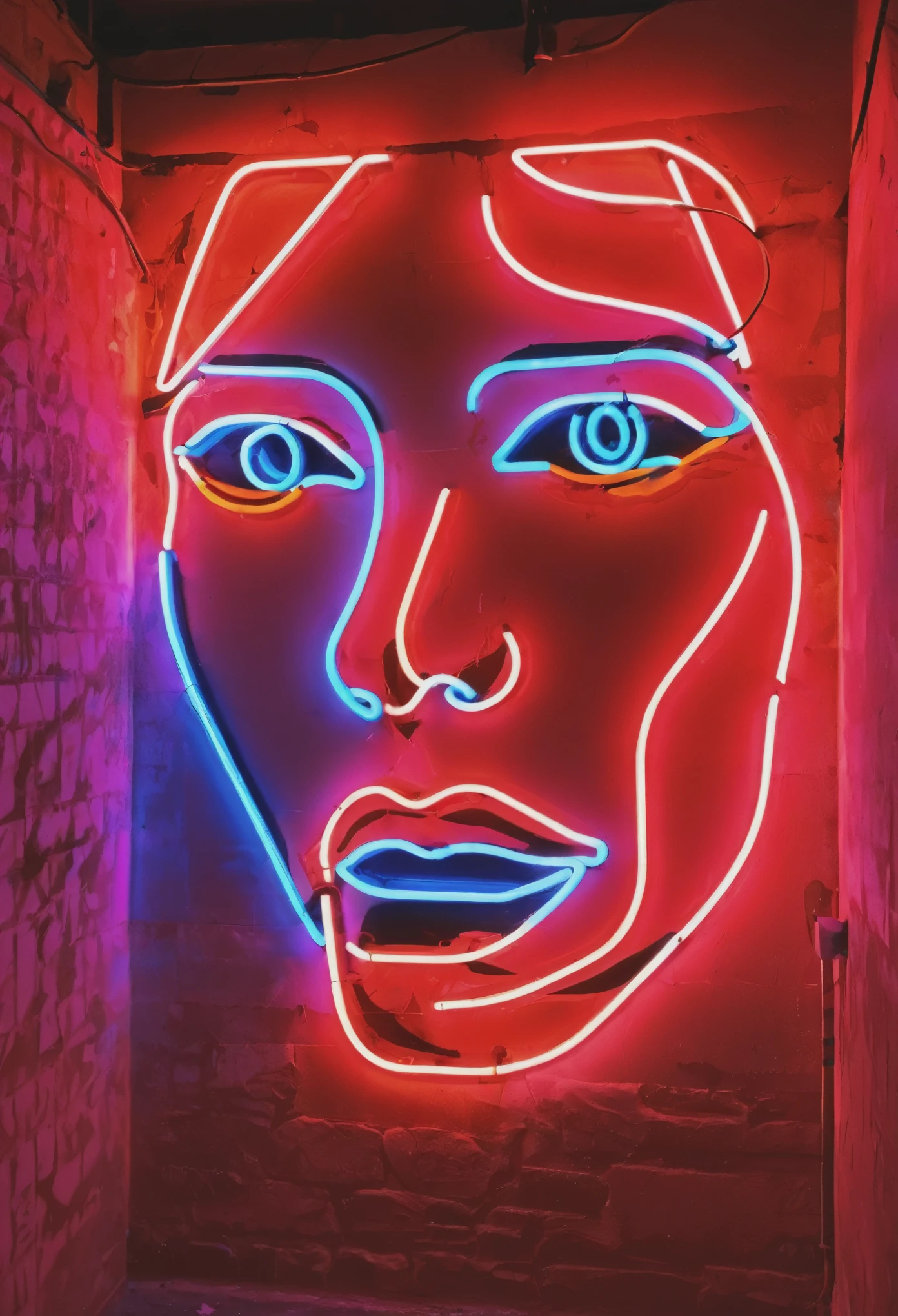 (neon sign), Graffiti on the wall, a woman's face, the outline of the eyes and mouth surrounded by neon, the outline of the eyes with blue neon, the outline of the mouth with red color, imersive background of a large bar hall, realistic,