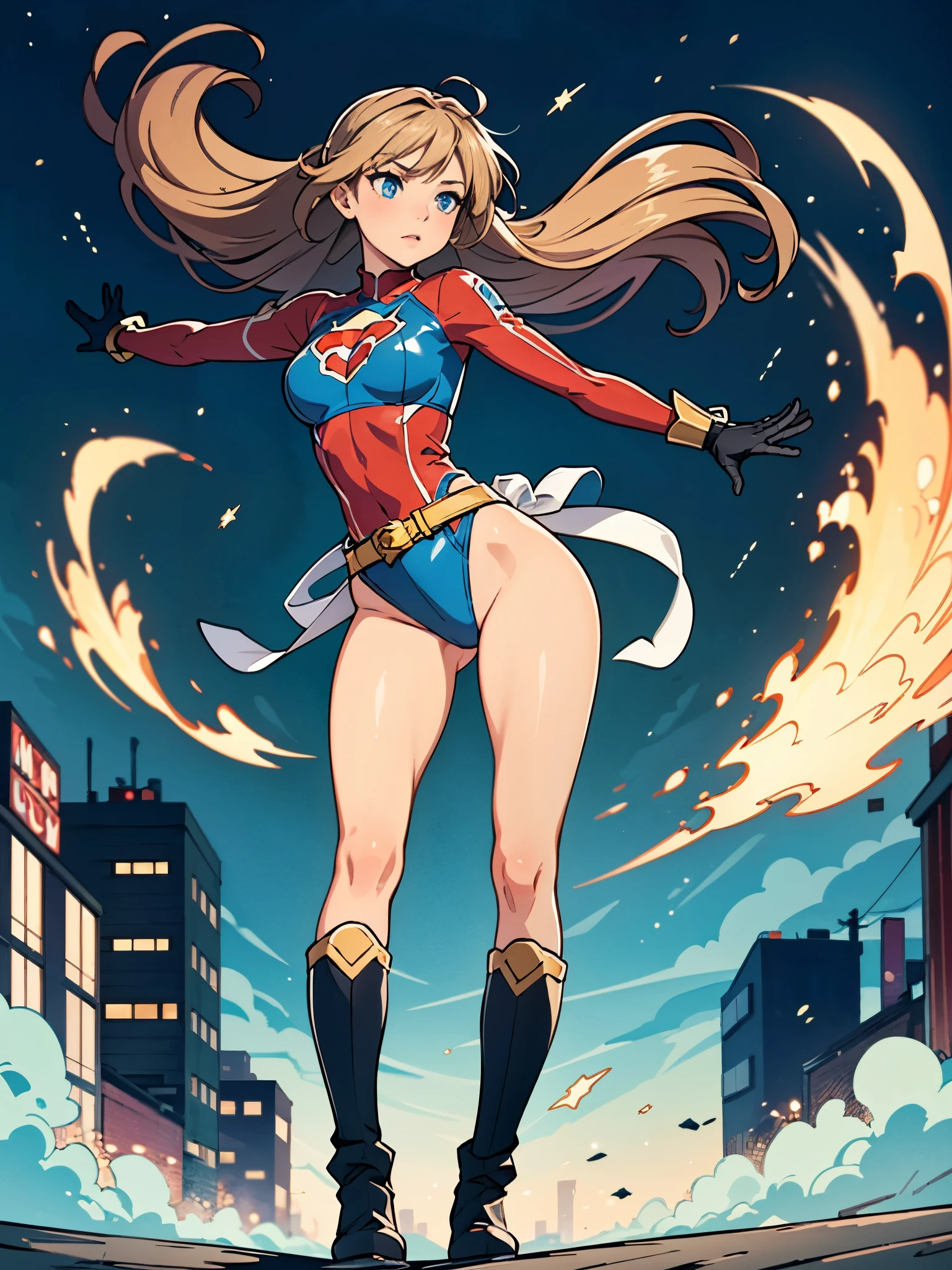 masterpiece, best quality, 1girl, medium breasts, leotard, red and blue leotard, bare legs, fastened tight gold belt, boots, matching boots, gloves, matching gloves, city backdrop, solo, single, full body shot, superhero, beautiful detailed eyes, mature lady, star symbol on chest, brown hair, high leg leotard, spins fast in place like a tornado, wind swirls, wind circles around her body horizontally, rapid gyration, girl tornado spinning, girl turning to a whirlwind, outstretched arms, standing, perfect hands