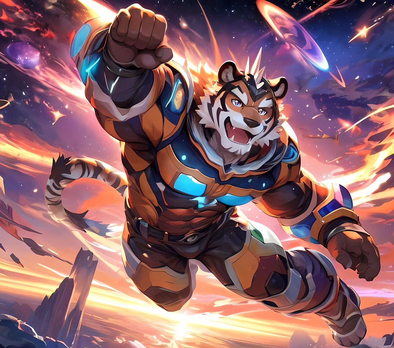 masterpiece,high quality,anime,detailed eyes,furry male White Tiger, Ryekie, Great physique,strong arms manly, in Outer space, show some planets around, Heroes suit, (Sunset), Shimmering Stars, Surrounded by colorful stars, Joyful, by null-ghost,by pino daeni