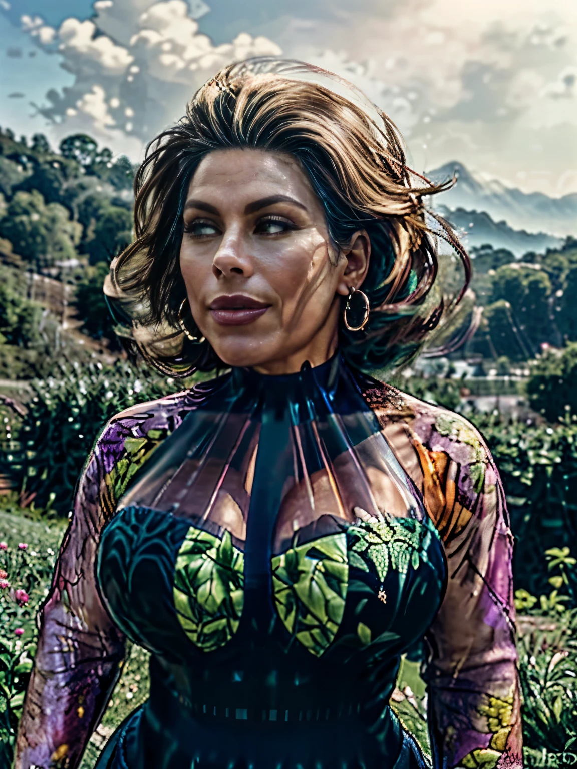 (a)Colombian mature lady,(colorful, vibrant)floral lingerie,picking coffee beans,mountains,(early hours, sunrise),stunning view,serene atmosphere,(lush, green)foliage,(misting, foggy),fresh coffee aroma,(peaceful, tranquil)ambience,(woman's gentle, precise movements),graceful gestures,(gorgeous, warm)lighting,soft shadows. (best quality,highres),detailed, vivid colors,ultra-detailed,sharp focus,realistic,lush colors,soft lighting.