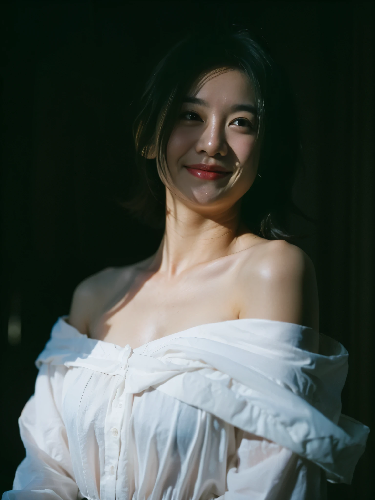best quality, masterpiece, ultra high resolution, (lifelike:1.5), original photo, 1 girl, Off the shoulders, in the darkness, deep shadow, low profile, cold light, sexy look, short hair, big breasts, black clothes, full-body shot, smile