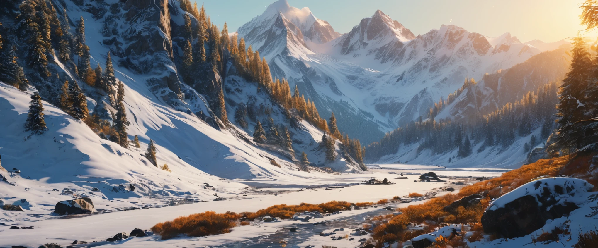 (best quality,8k,highres:1.2),(hyperrealism:1.1),vibrant colors,sharp focus,insanely detailed,(2k1:1.1) style landscape scene,ultra-detailed rendering,impressively lifelike,rich and dynamic colors,epic beauty,meticulous composition of elements,snow covered,breathtaking mountain range in winter,stunningly realistic textures,sunlit sky casting warm golden light,impressive level of intricate details,perfectly captured reflections,flawlessly executed lighting and shadows,immersive sense of depth and dimensionality,extraordinary level of realism creating a mesmerizing visual experience.