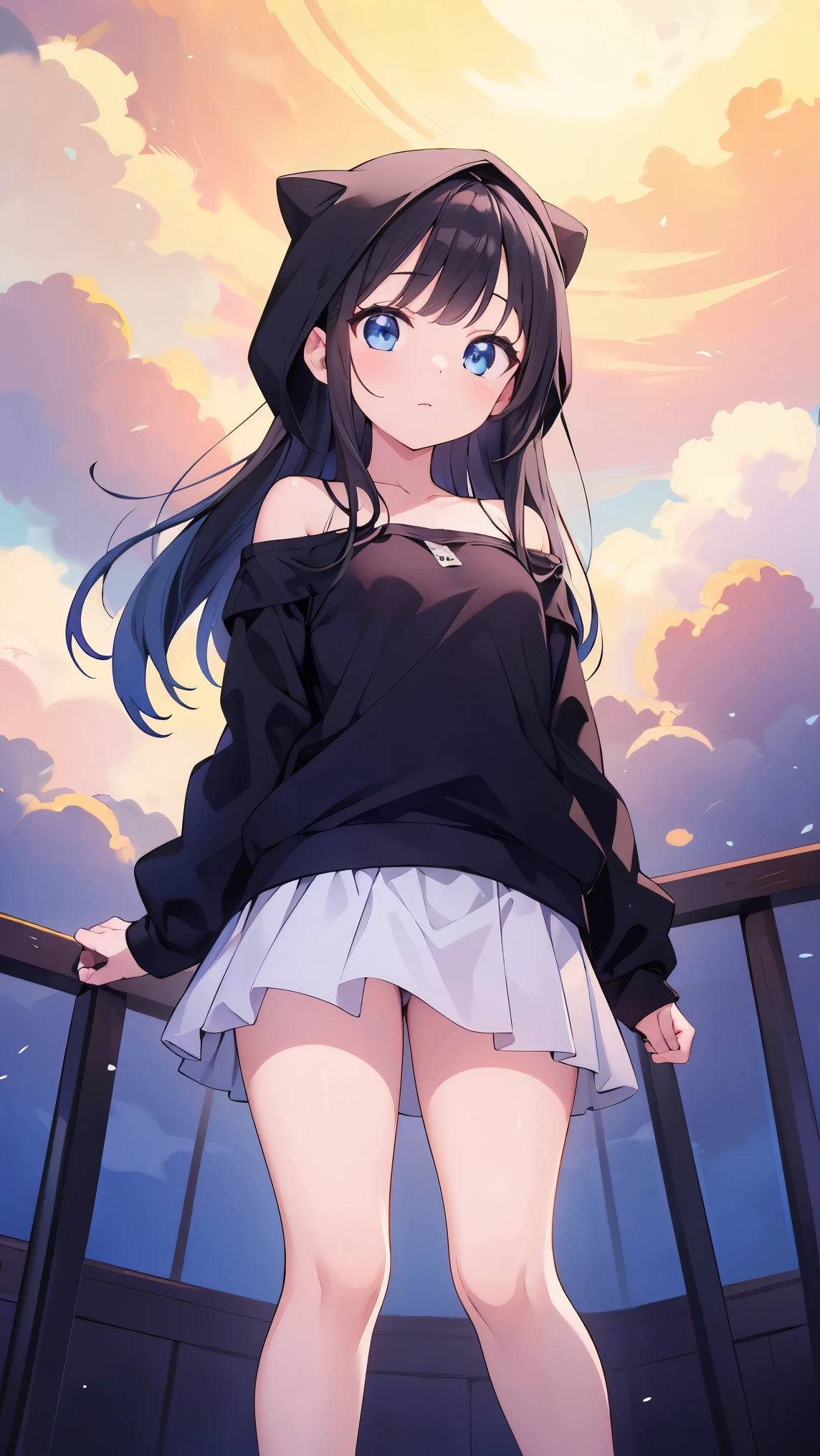 (highest quality), (masterpiece), 1080p, hd, 4k, 8K, black hood, exposing nipples, off shoulder, long sleeve, light blue eyes, Are standing, small breasts, whole body, Photographed from directly below, long black hair, 18-year-old,