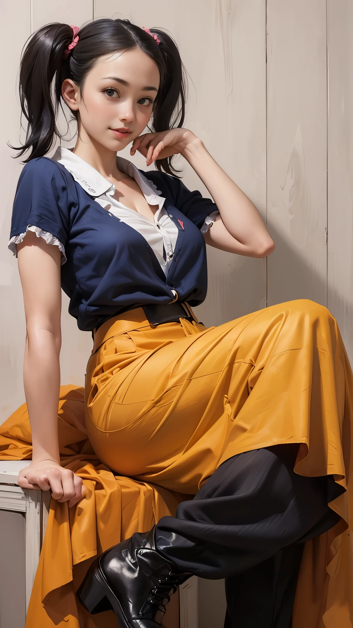 (highest quality, 8k, High resolution, realistic:2.0), (((alone, one girl)))、I am Japanese、cute idol、singer、22 years old、Like an angel in a white dress、 use pink glossy lipstick,eye swelling、(girl with big beady eyes:1.5)、((round face, smile, big breasts,big ass))、flushed complexion、Cute whole body pose、twin tails、