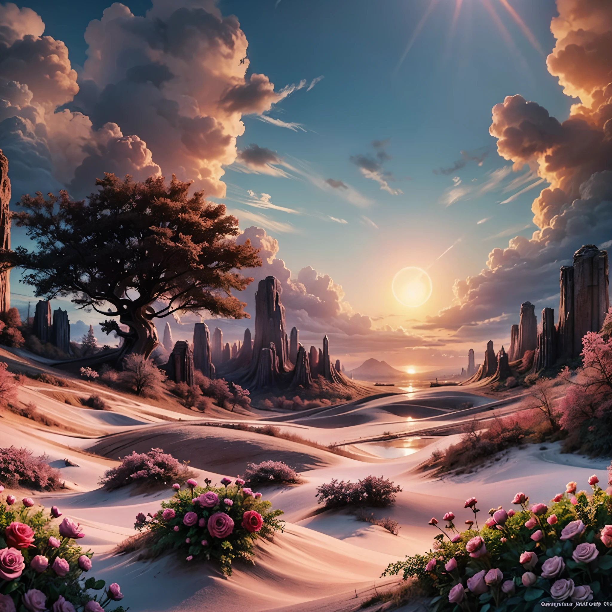 Summer, desert, pink clouds, a land overgrown with roses, James Gurney, art station rendering, ultra-wide lens, high definition