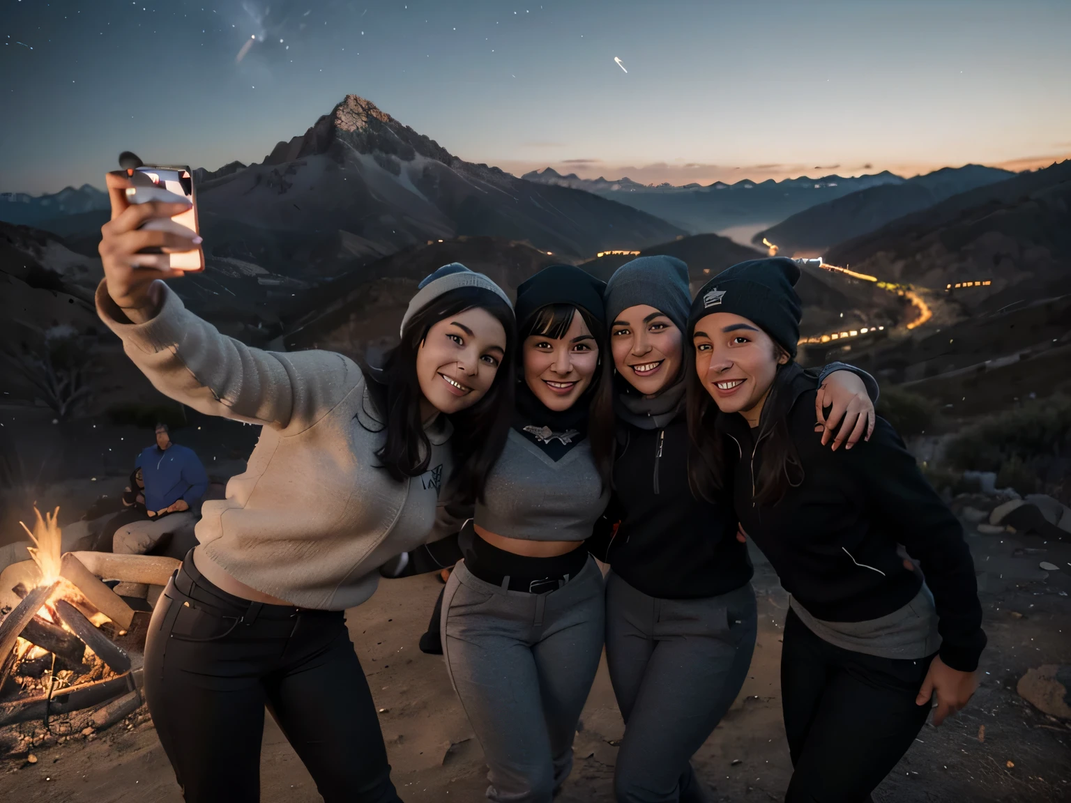 selfie de bettie page, joven con gorro tejido en las mountains, vistiendo jersey gris, Mountain Clothing, Cold, tight mountain pants, Revealing pants in the style of mountain views, accompanied by 3 young people, selfie con los amigos, selfie grupo de amigos, usie con amigos, group of young people around a campfire, grupo de personas, al aire libre, (Noche), mountains, Naturaleza, (estrellas, luna), dynamic, elegant, Caras emotivas, viajar, rasgos faciales claros, lente de 35 mm, Decorative lighting, global illumination, night photography, fogata, campfire lighting