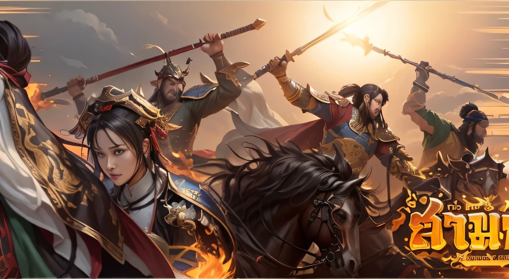Picture of a group of people riding on horseback., royal warrior, Wu Xia, Bien Lian, zhao yun, inspired By Julian, Three Kingdoms of China, full body Wu Xia, By Julian, Guan Yu, Xianxia Fantasy, CG game, Xian Xia Hero, banner, Anime style Ji Liu Lian