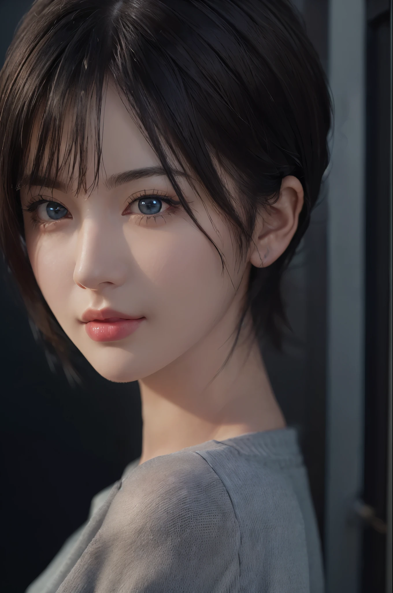(masterpiece:1.3), (8k, photorealistic, RAW photo, best quality: 1.4), (1girl), beautiful face, (realistic face), (black hair, short hair:1.3), beautiful hairstyle, realistic eyes, beautiful detailed eyes, (realistic skin), beautiful skin, (sweater), absurdres, attractive, ultra high res, ultra realistic, highly detailed, golden ratio