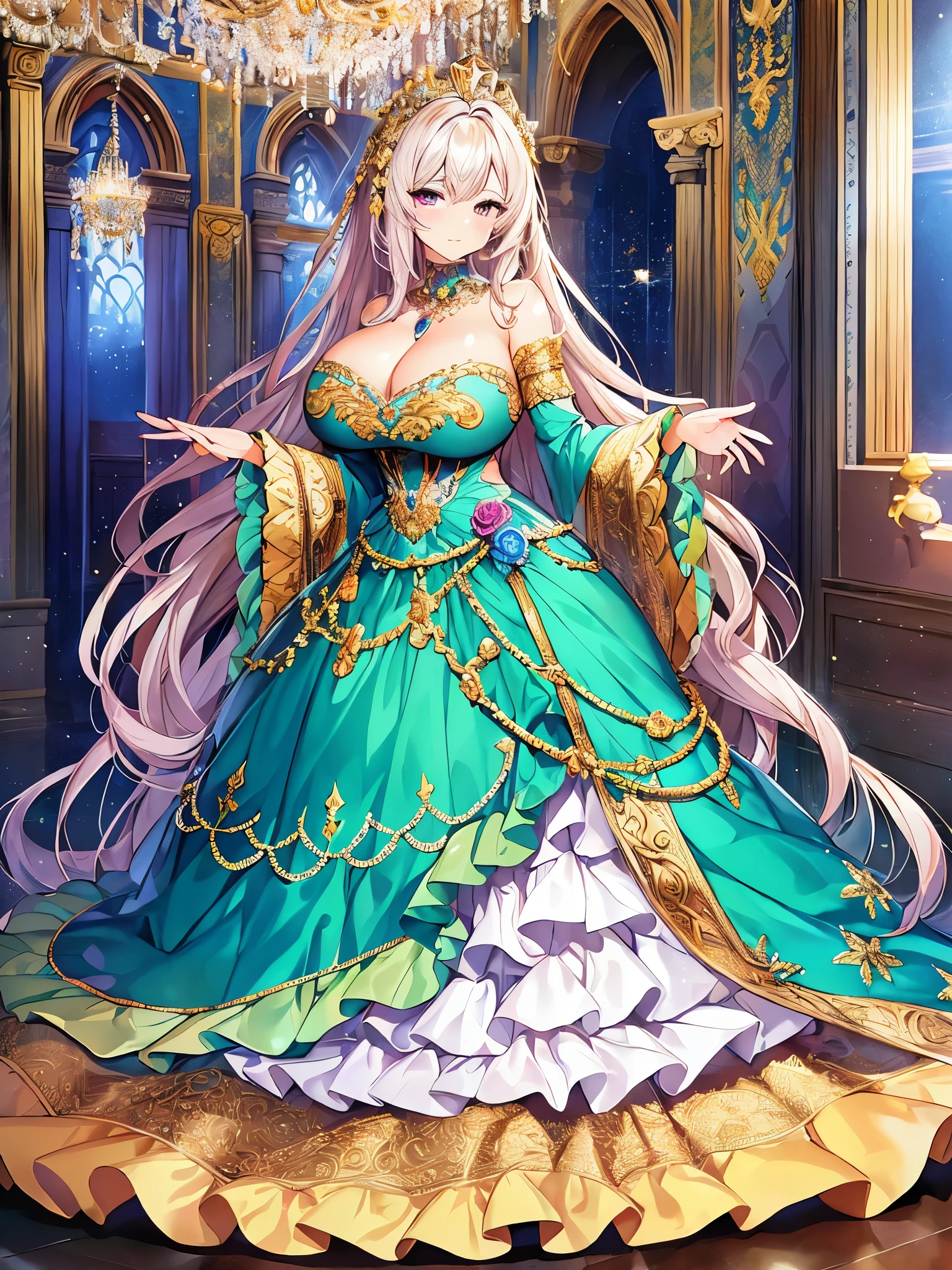 ((anime artstyle)),(Masterpiece),(Best Quality), (Super Detail),(((Very Delicate and Beautiful))),Solo,full body,((full body portrait)),((1 gorgeous bling-bling princess in beautiful embroidery and jeweled gorgeous rococo ballgown with voluminous full length hoop skirt)),detailed face and eyes,jewel-like eyes,((((absurdly gigantic tits)))),(((cleavage,curvy))),Skindentation,((castle,outdoor)),((crinoline,long train)),gorgeous princess rococo ballgown with voluminous full length hoop skirt and long train,(((bling-bling gorgeous rococo ballgown with beautiful embroidery and jeweled))),((large amount of straight hair, absurdly long hair,Very Long Straight Hair)),extremely gorgeousfull hair ornament,(bling-bling extremely gorgeousfull jeweled tiara),luxurious jewelry,full body,((bling-bling beautiful embroidery and jeweled gorgeous rococo ballgown with voluminous full length hoop skirt))