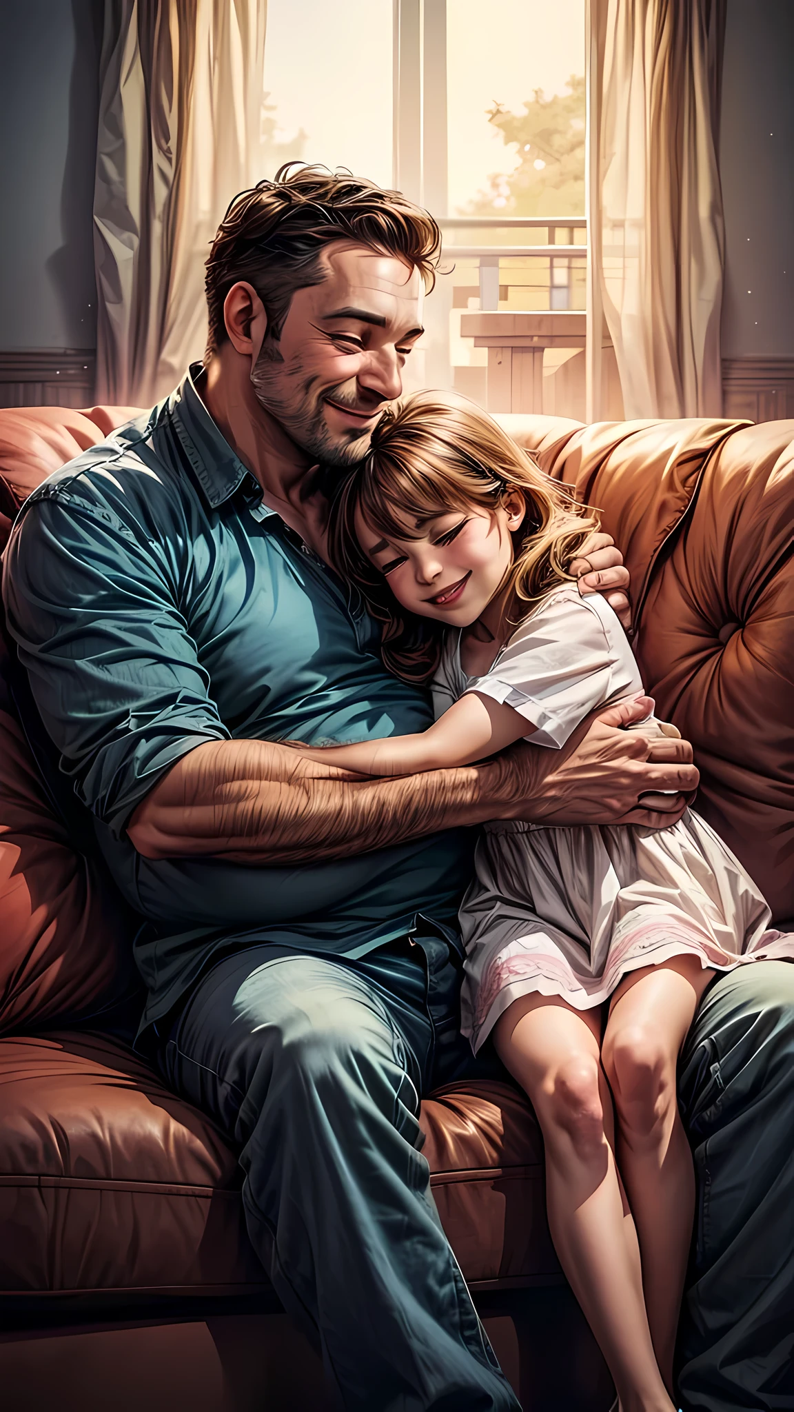 an apparently 40-year-old man hugging his 6--old ghter, sitting on the sofa with eyes closed and smiling happily