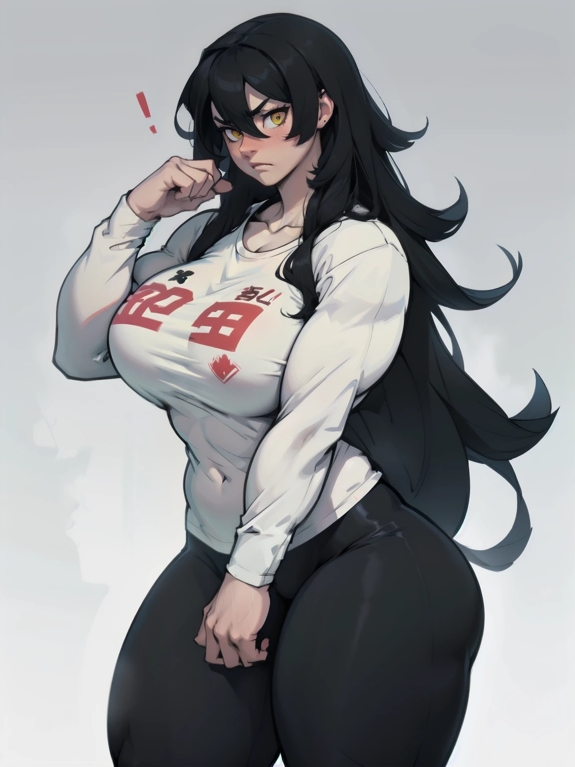 huge breasts pale skin very long hair black hair yellow eyes sad blushing solo frown very long hair very long hair leggings tight tshirt long sleeves