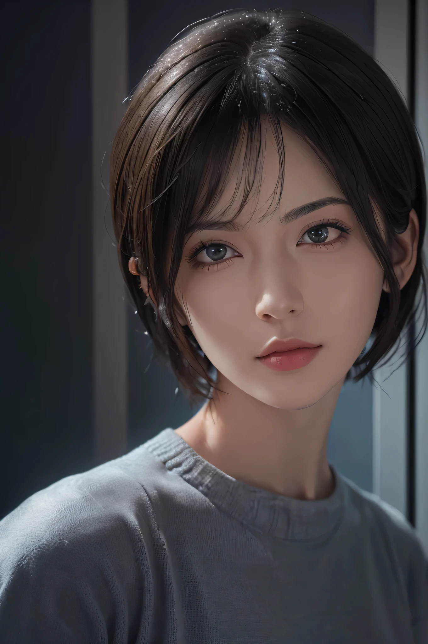 (masterpiece:1.3), (8k, photorealistic, RAW photo, best quality: 1.4), (1girl), beautiful face, (realistic face), (black hair, short hair:1.3), beautiful hairstyle, realistic eyes, beautiful detailed eyes, (realistic skin), beautiful skin, (sweater), absurdres, attractive, ultra high res, ultra realistic, highly detailed, golden ratio