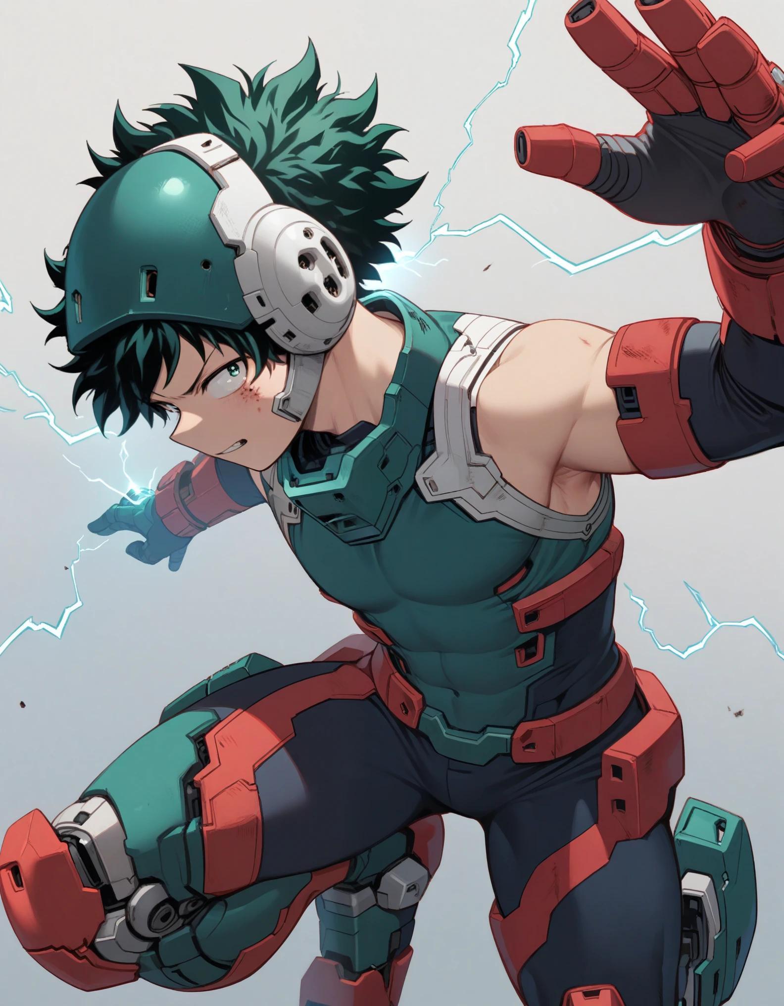 masterpiece, 1boy, male focus, midoriya izuku, boku no hero academia, injury, electricity, mechanical bodysuit, cyber helmet, green suit, green helmet, covered body, robot feet, joints, male body, male physique, gloves, joint fingers, bare shoulders, intricate details on hands, intricate details on fingers, perspective from above, anger face, (dynamic pose: 1.2, punching), (cinematic lighting), (simple gray background), fullbody view
