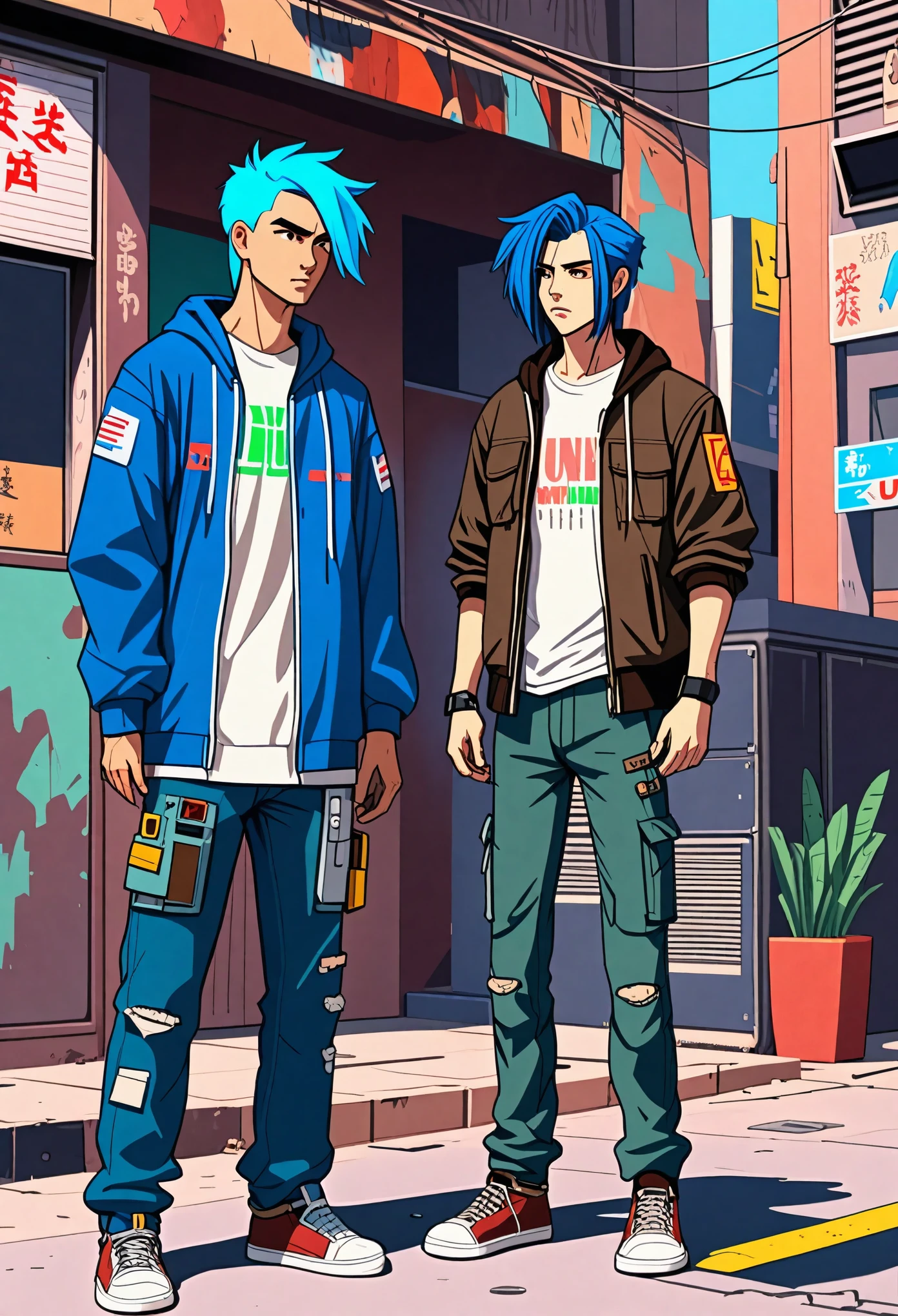 Animated illustration of 2 post apocalyptic cyberpunk style men, one with short straight blue hair and the other man with long Chinese brown hair, en un lugar abandonado y destruido con televisiones analogas encendidas y vhs y efectos de glitches 