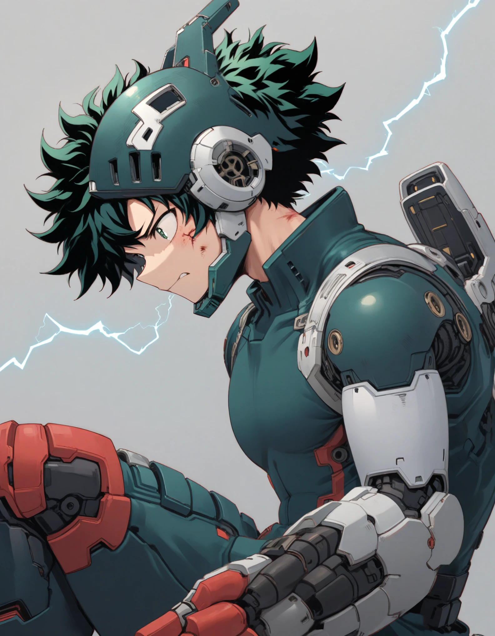 masterpiece, 1boy, male focus, midoriya izuku, boku no hero academia, injury, electricity, mechanical bodysuit, cyber helmet, green suit, green helmet, covered body, robot feet, joints, male body, male physique, gloves, joint fingers, bare shoulders, intricate details on hands, intricate details on fingers, perspective from above, anger face, (dynamic pose: 1.2, punching), (cinematic lighting), (simple gray background), fullbody view