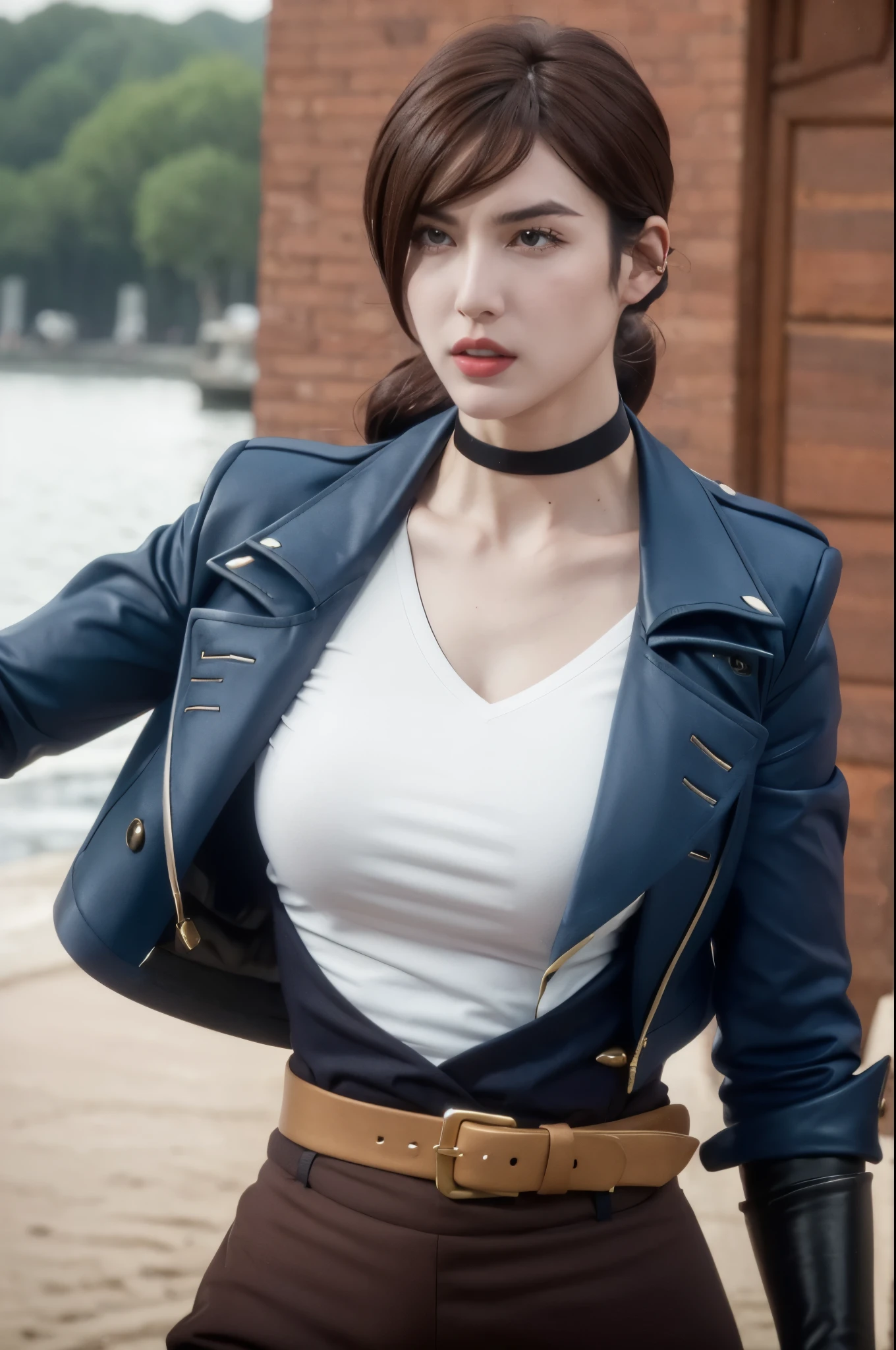 julia belmont,1girl,solo, blue sky, nature, river, upper body, black gloves, (black belt,multiple belts), purple eyes,arms at sides, white shirt, blue long coat, black choker, short hair, short ponytail, brown hair,standing,hair over one eye,(brown pants), (best quality, masterpiece)