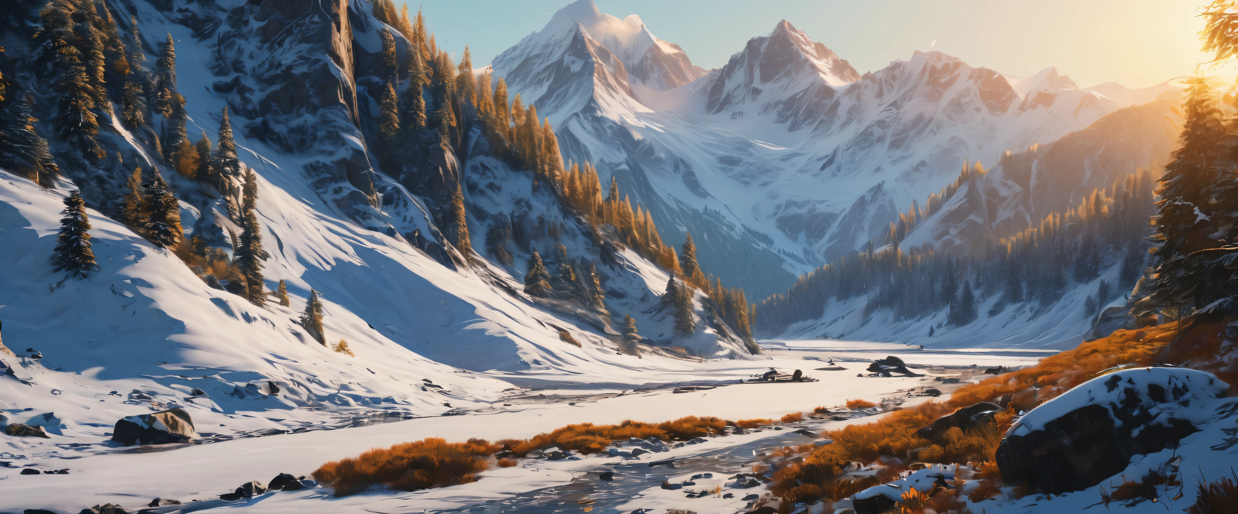 (best quality,8k,highres:1.2),(hyperrealism:1.1),vibrant colors,sharp focus,insanely detailed,(2k1:1.1) style landscape scene,ultra-detailed rendering,impressively lifelike,rich and dynamic colors,epic beauty,meticulous composition of elements,snow covered,breathtaking mountain range in winter,stunningly realistic textures,sunlit sky casting warm golden light,impressive level of intricate details,perfectly captured reflections,flawlessly executed lighting and shadows,immersive sense of depth and dimensionality,extraordinary level of realism creating a mesmerizing visual experience.