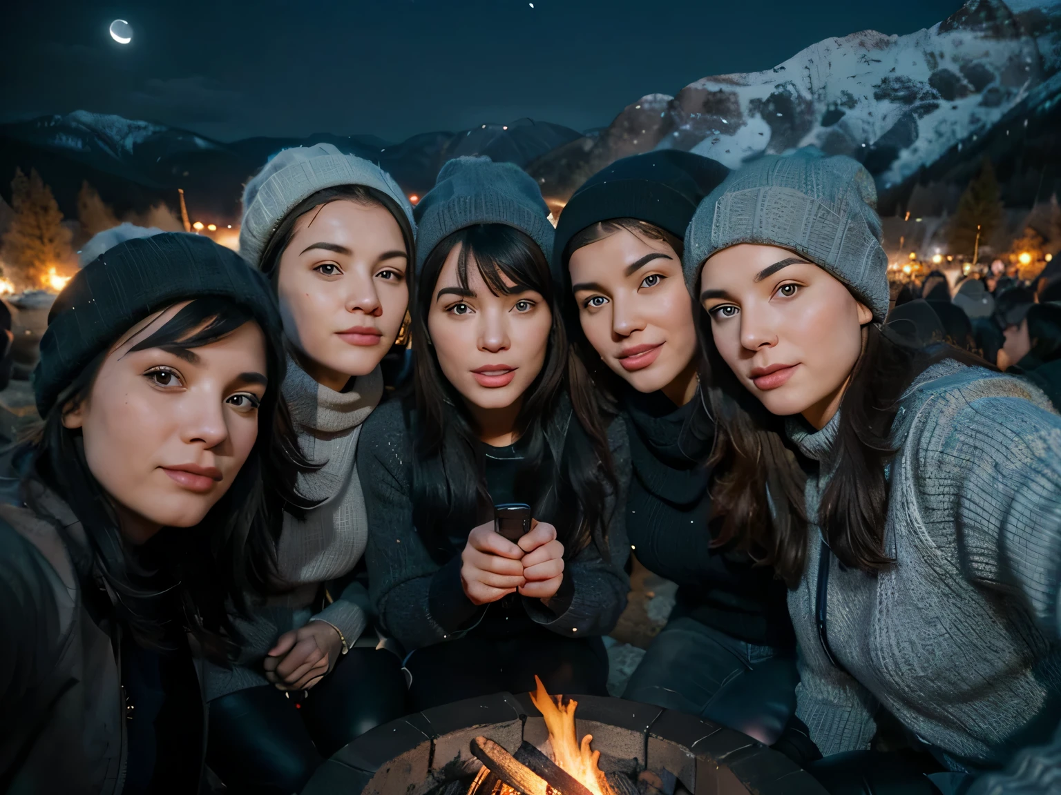 Selfie by Bettie Page, young man with knitted hat in the mountains, wearing gray sweater, leather clothing, cold and tight leather pants, , accompanied by 3 young people, selfie with friends, group of friends selfie, usie with friends, group of young people around a campfire, group sex, SBDN group of people, outdoors, (night), mountains, nature, (stars, moon), dynamic, stylish, emotional faces, travel, clear facial features, 35 mm lenses , Decorative lighting, global illumination, night photography, false lighting, false lighting