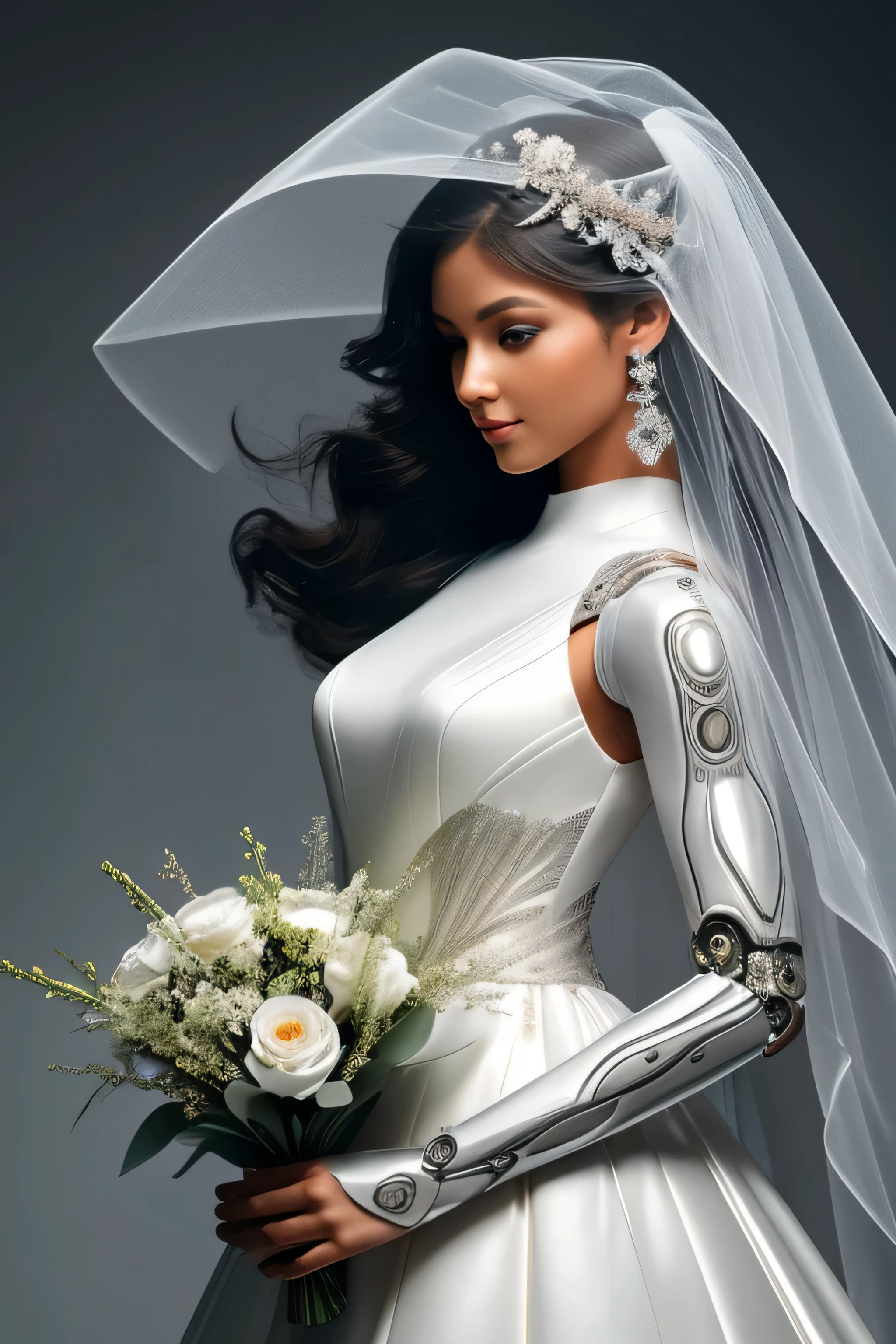 Describe a futuristic and technological bride who combines robotic elements with a smooth and elegant design. She wears a dress made of smart fabrics that adapt to the body's movements, with delicate metallic details incorporated into her bodice. Her face is softly illuminated by artificial skin that glows with a natural tone, complemented by robotic eyes that reflect genuine emotion. Her head is adorned with an ethereal veil, gracefully flowing around her aerodynamic profile. In her hands, she holds a bouquet of synthetic flowers, each petal delicately sculpted to mimic the perfection of nature. Ensure that the entire body of the bride is captured in the photo, showcasing the harmonious fusion of advanced technology and timeless beauty.