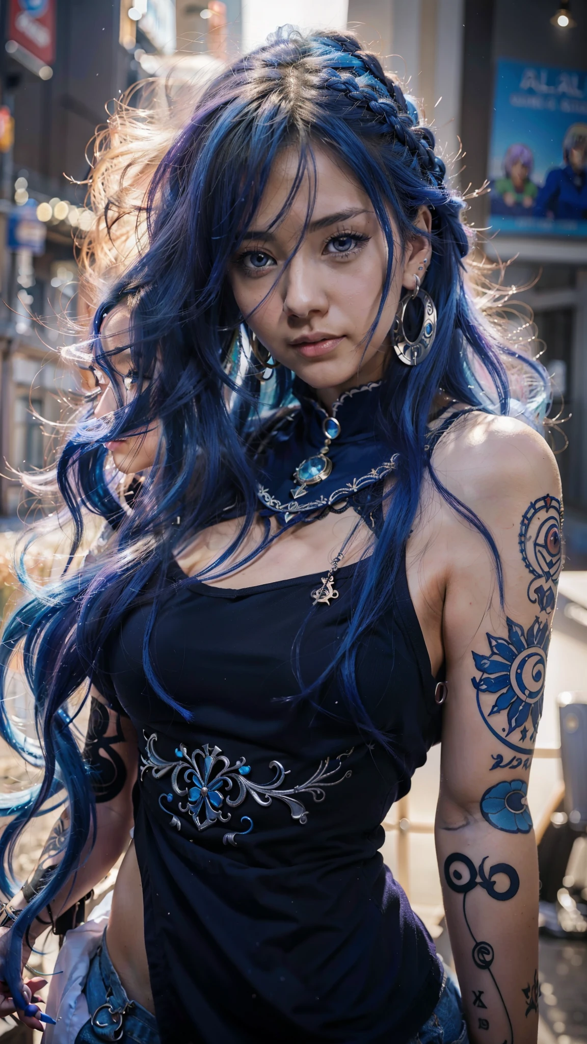 Un primer plano de una mujer con cabello azul y piercings, hermosa chica de pelo azul, extremely detailed artistic germ, Hermosa mujer anime, hermoso retrato animado, chica anime con pelo largo, hermosa chica anime, hermosa y seductora mujer anime, Arte detallado de alta calidad 8k, retrato, caballeros del zodiaco, , estilo anime 4k, chica anime atractiva, retrato detallado de chica anime