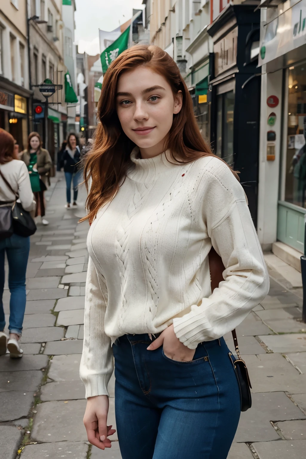 white male named Iran_Saoirse, 18 years old, Irish descent, red-haired, rosy cheeks, dimples, freckles, beautiful body, full length photo, looking straight ahead, very happy, gentle and flirty, physical appearance Ireland, red collared sweater and jeans photo taken in a busy city, realistic, hyper-realistic, ultra-textured leather