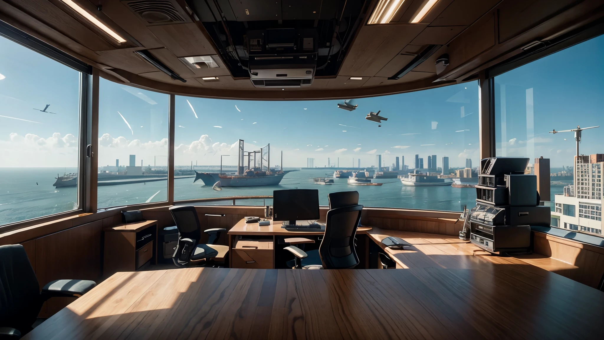 office with coffee on the table and a view of a technological city, and ships flying around in ultra realistic 8k cinematics.