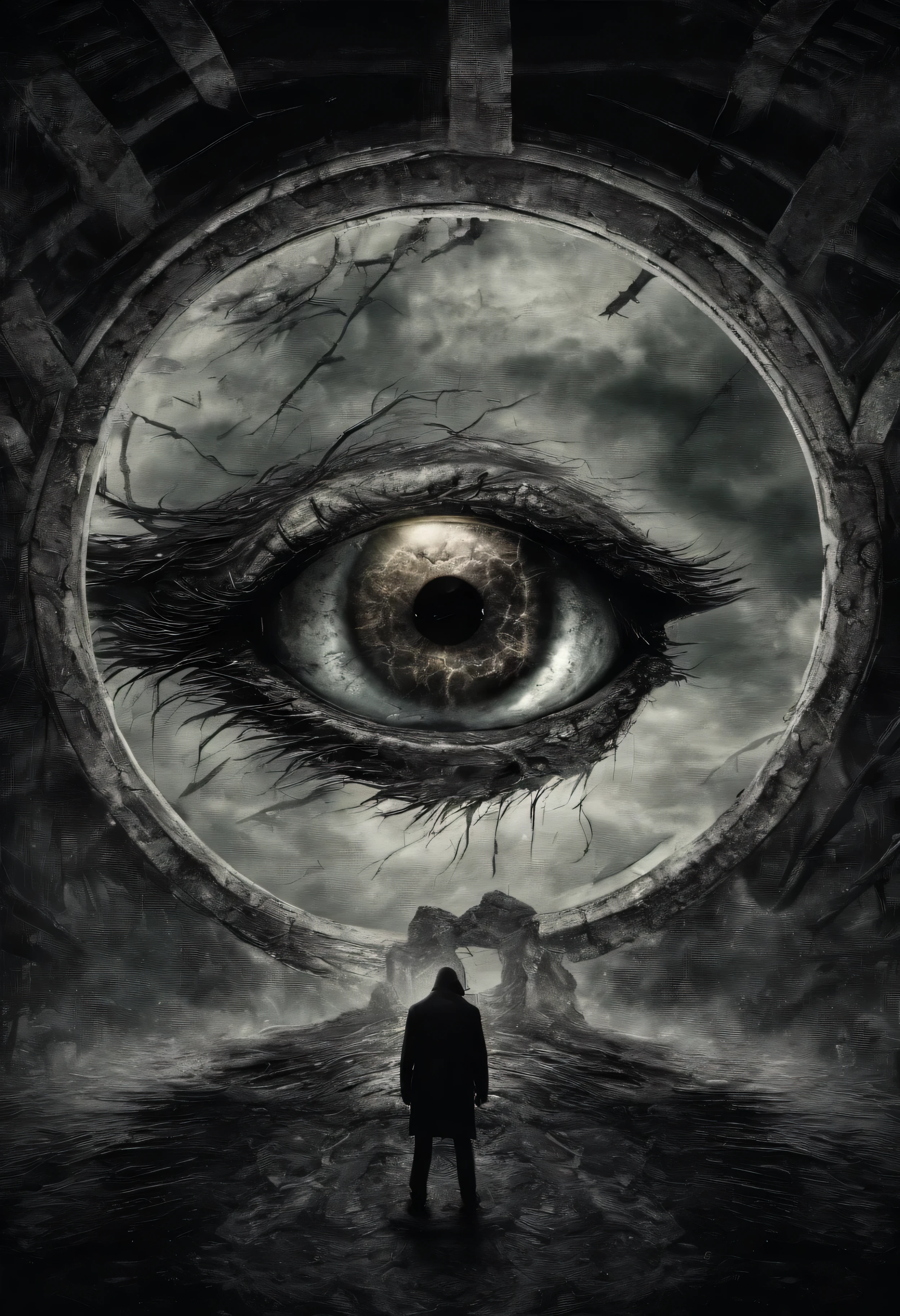 Iluminate eye in the sky with a horror situation in earth like end of the world