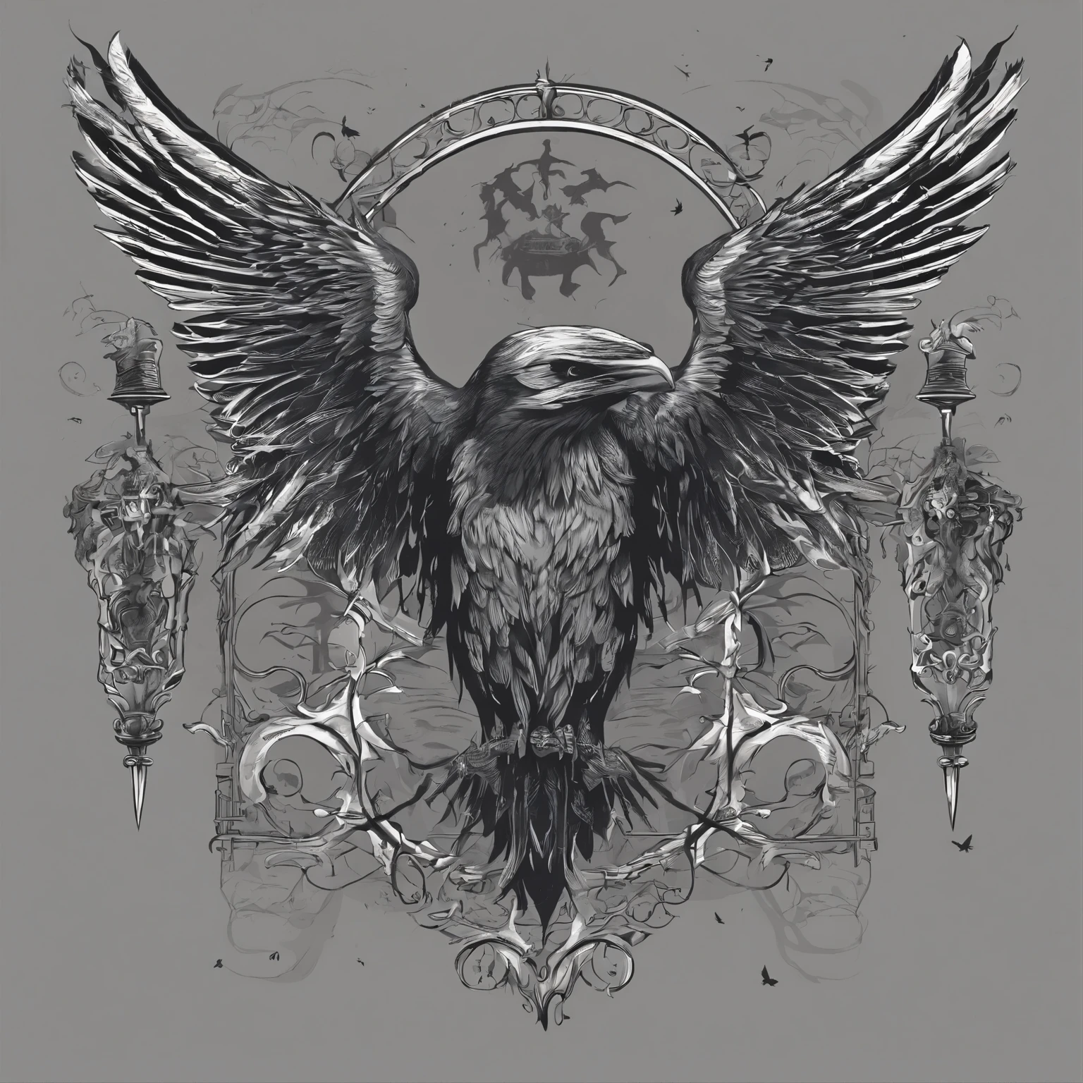 Corpses and crows vector illustration medivial tattoo style gray and black colors