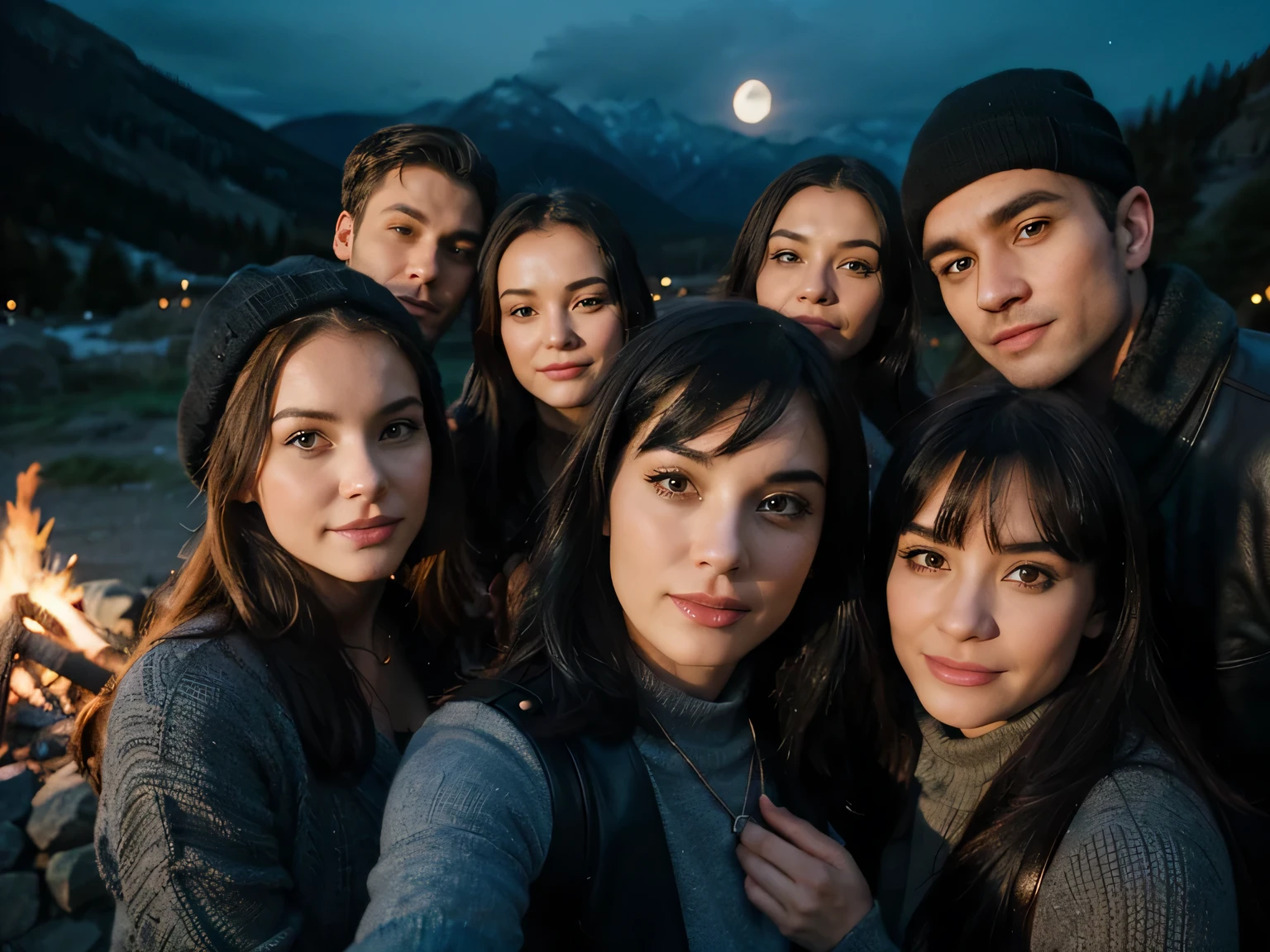 Selfie by Bettie Page, young man with knitted hat in the mountains, wearing gray sweater, leather clothing, cold and tight leather pants, , accompanied by 3 young people, selfie with friends, group of friends selfie, usie with friends, group of young people around a campfire,kissing each other,touching breast, group sex, SBDN group of people, outdoors, (night), mountains, nature, (stars, moon), dynamic, stylish, emotional faces, travel, clear facial features, 35 mm lenses , Decorative lighting, global illumination, night photography, false lighting, false lighting
