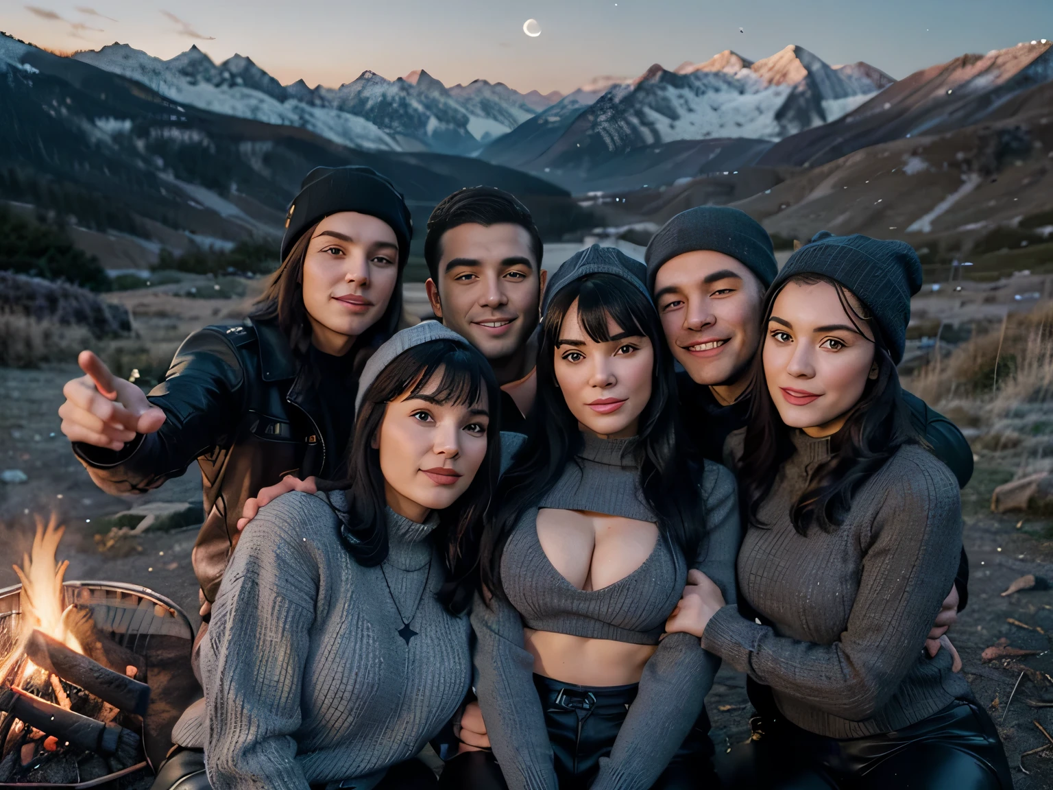 Selfie by Bettie Page, young man with knitted hat in the mountains, wearing gray sweater, leather clothing, cold and tight leather pants, , accompanied by 3 young people, selfie with friends, group of friends selfie, usie with friends, group of young people around a campfire,kissing each other,touching breast, group sex, SBDN group of people, outdoors, (night), mountains, nature, (stars, moon), dynamic, stylish, emotional faces, travel, clear facial features, 35 mm lenses , Decorative lighting, global illumination, night photography, false lighting, false lighting