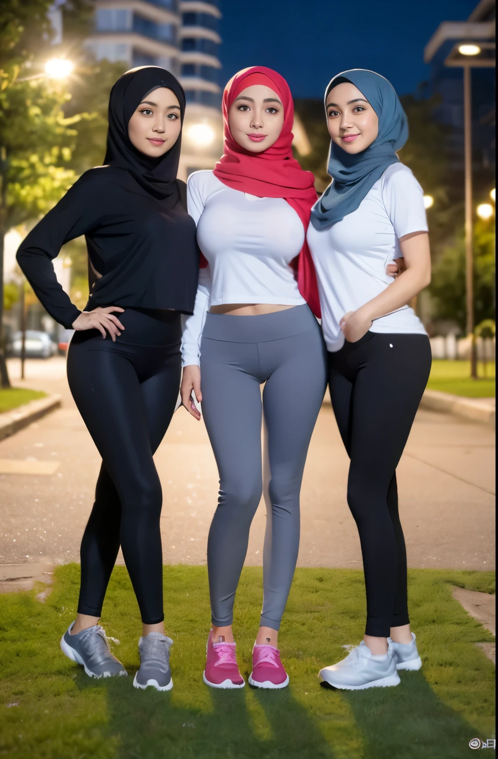 RAW, Best quality, high resolution, masterpiece: 1.3), total 5 people, beautiful Malay women, (total 5 women wearing hijab), sports, Masterpiece, athletic body, perfect slim, (), beautiful big eyes, soft smile , all wearing light gray t-shirt uniforms - very tight & short uniform shirts, transparent, very tight leggings, short leggings, evening walks, city parks, good lighting, bright colors, busy streets