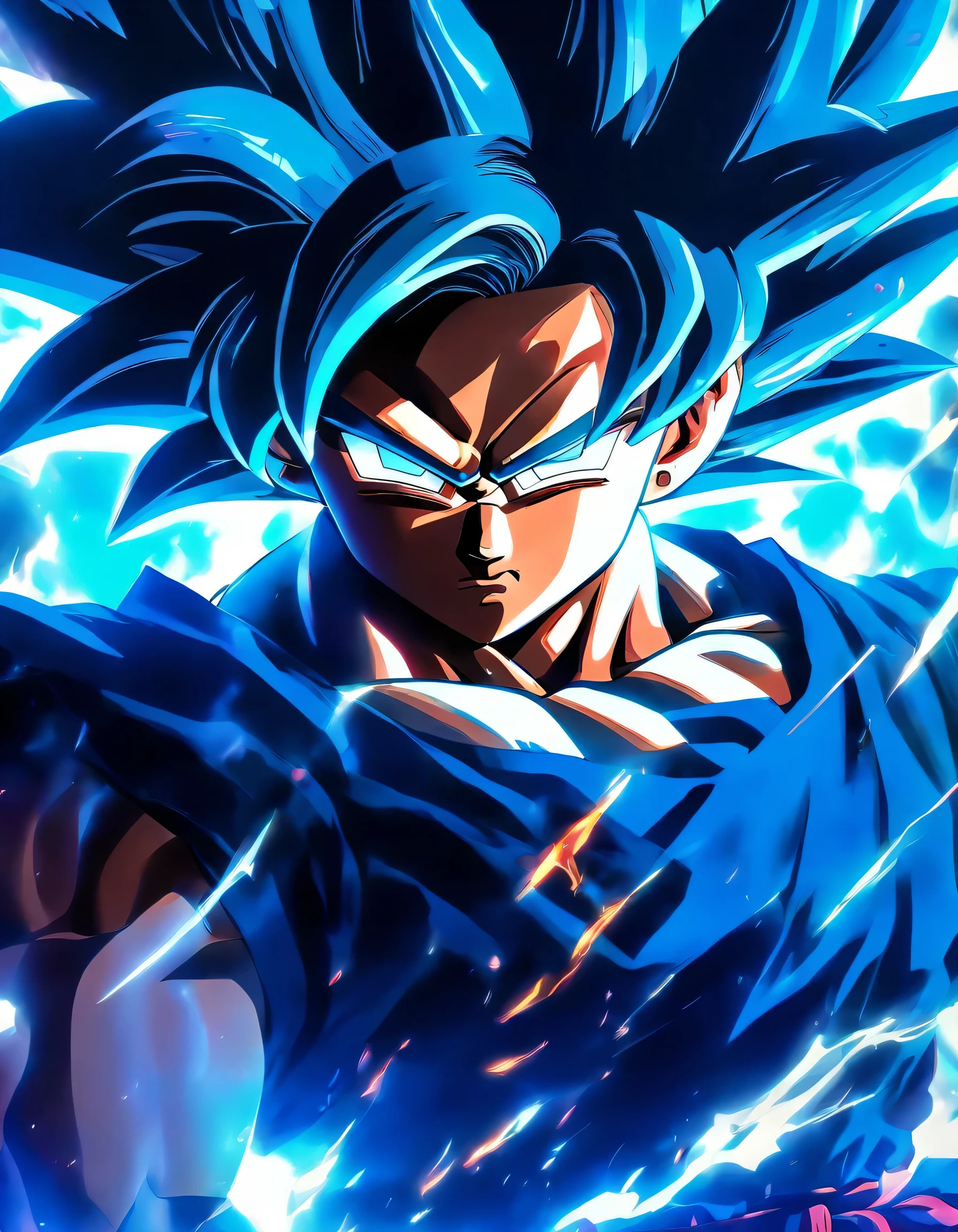 Artistic depiction of Goku Black in a close-up composition, capturing his dark energy and evil aura, Art Style, Anime Inspired Illustration, Dynamic Composition, High quality work, pixiv, concept art, Create visually stunning wall art depicting characters from the anime series, . The artwork is supposed to be rendered in a dark blue and silver color scheme, inspired by Yanjun Cheng's style. The composition should be lively and full of energy, capturing dynamic moments. Make use of light silver and light blue tones to depict a realistic play of light and shadow. Combine cut or torn elements to add visual interest. For optimal visual quality, apply RTX features with specifications: 9:16 aspect ratio, and a bright color palette of 5 shades.