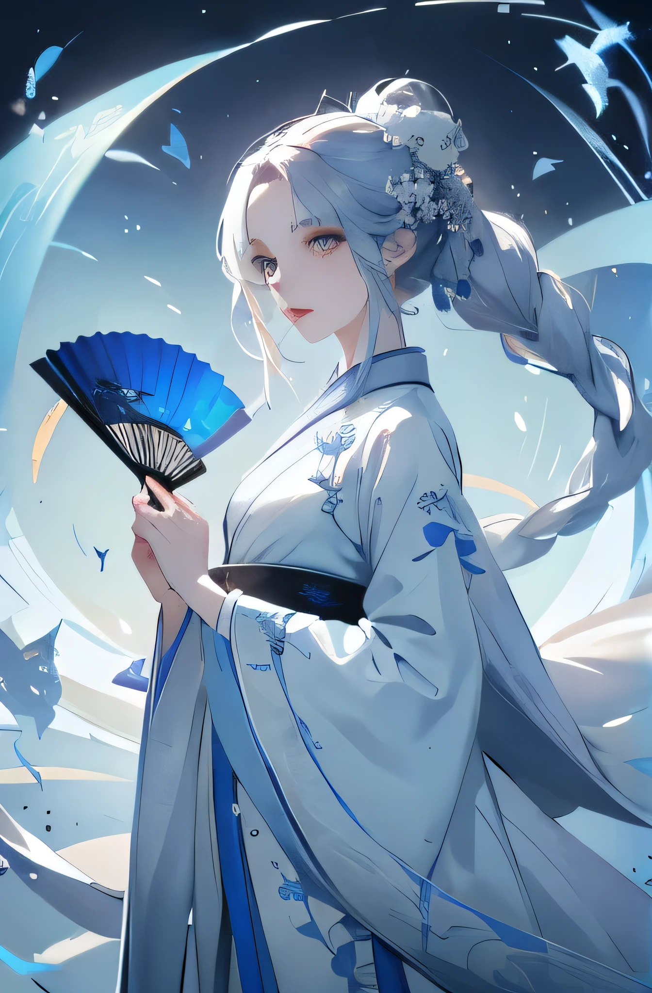 pale woman, cheveux blancs, yeux bleus, yeux lavande, cheveux longs, chinese wife, Elaborate Hanfu, hanfu bleu, évantail ouvert detailed, Femme debout, detailed, masterpiece