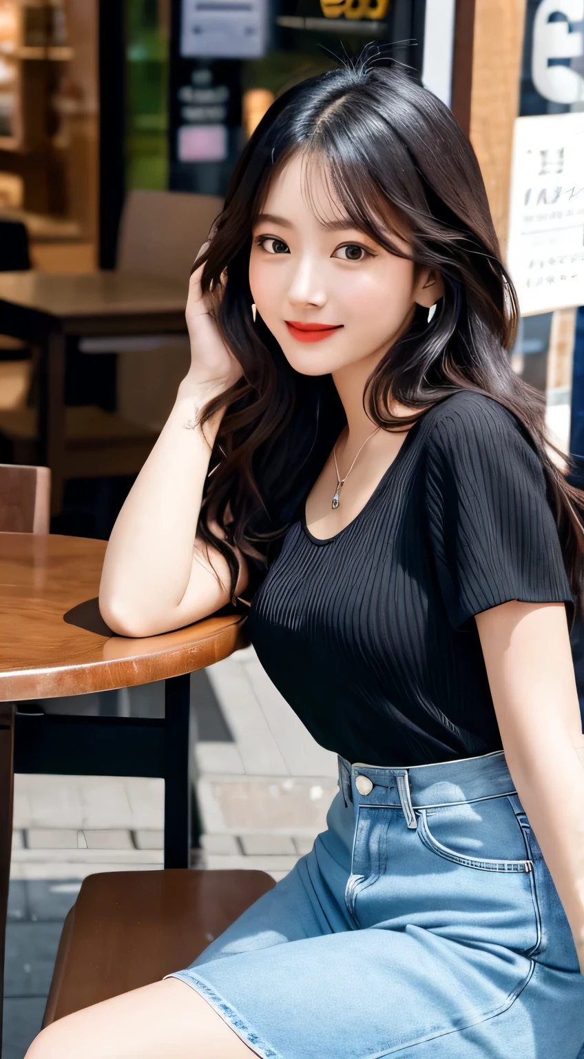 table top, Top quality and dynamic shape, Finely crafted down to the intricate details, Featured in high resolution 8K wallpapers. From the lively streets of Harajuku, Japan, A very beautiful 20-year-old woman with a rich expression., Beautifully detailed eyes and wavy, A cascading mane of black hair sits confidently on a chair. Wearing the latest autumn women's fashion, she is bold and sexy, Impressive pose and natural, fascinating lip color. smile seductively, She invites the viewer to look at the artistry of her whole being。.