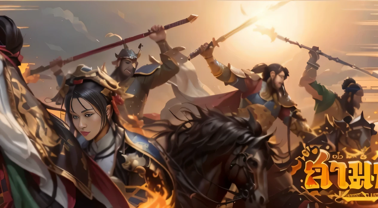 Picture of a group of people riding on horseback., royal warrior, Wu Xia, Bien Lian, zhao yun, inspired By Julian, Three Kingdoms of China, full body Wu Xia, By Julian, Guan Yu, Xianxia Fantasy, CG game, Xian Xia Hero, banner, Anime style Ji Liu Lian, text center,