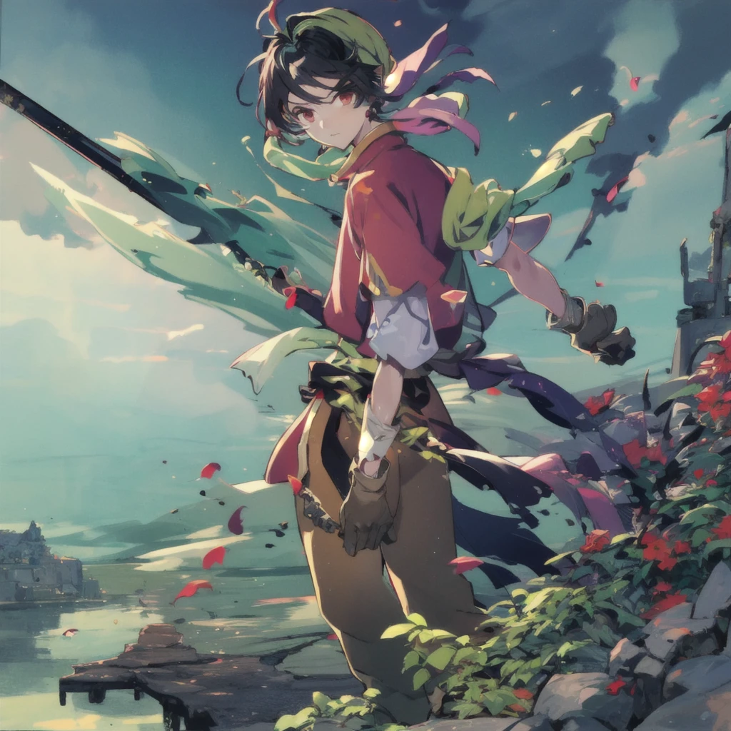 (high-quality), (expressive eyes, perfect face) (masterpiece, anime), 1boy, male, solo, young adult, medium hair length, spiky hair, soft wave, black hair color, red highlights in hair, deep red eye color, calm expression, kind expression, slightly narrow eyes, detailed eyes, a green bandana over his hair, chinese clothes, red shirt, white sleeves, short sleeves, yellow pants, full body, outdoors, standing halfway in the water, river, cyan, greenery, red flowers, lake, sitting in lake,