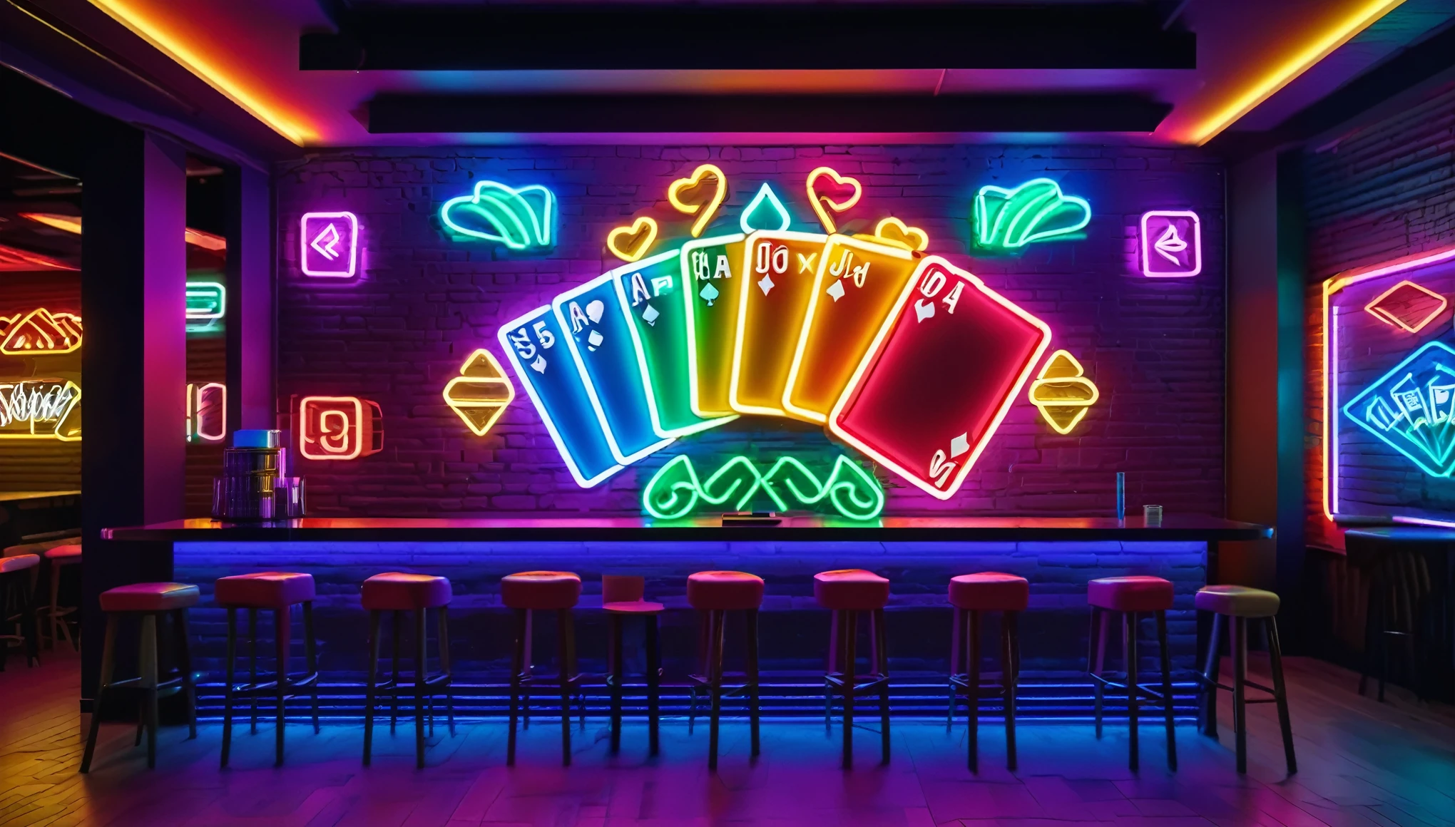 (neon sign), neon logo on the wall, hand holding 5 poker cards, outline of hand and cards surrounded by colorful neon, imersive background of a large bar hall, realistic,
