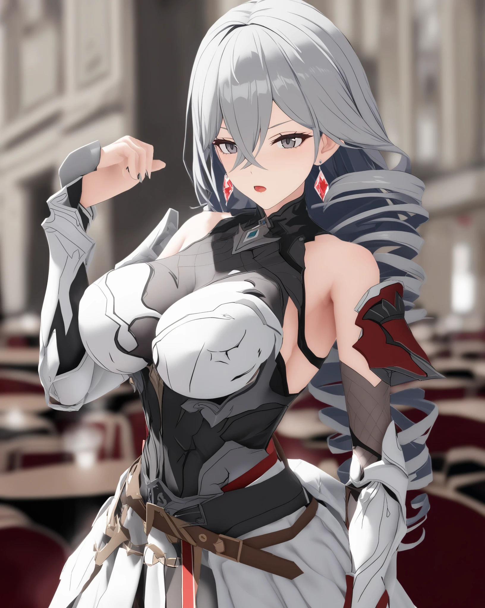 masterpiece, Best quality�����������mmd, 1 girl, breast, alone, long hair, split, gray hair, gray eyes, Keep your mouth shut, earrings, Bangs, jewelry, skirt, bare shoulders, sleeveless, hair between eyes, 单pauldron, looking at the audience, large breast, armor, shoulder armor, drill hair, sleeveless skirt, Upper body, single sleeve, double diamond, white skirt, pauldron, Poker face