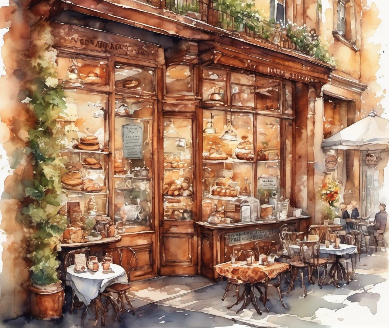 (best quality,highres),(transparent watercolour painting:1.1),cozy bakery and coffee shop atmosphere,delicate brush strokes,homely interior with wooden furniture,large display of freshly baked pastries and bread,aromas of coffee and warm baked goods wafting through the air,warm and inviting lighting,steaming cups of coffee and tea on tables,comfortable seating areas for customers to relax and enjoy,tiny details like vintage posters and chalkboard menus,happy and contented customers savoring their treats,vibrant and welcoming colors,clinking of mugs and pleasant conversations,laid-back and friendly ambiance,baristas crafting beautiful latte art with precision and care,enticingly decorated cakes and cupcakes,picturesque window view of a cobblestone street and passersby,enchanting scent of freshly brewed coffee permeating the air,soft background music creating a soothing atmosphere,artistic watercolor portraits of happy customers hanging on the walls,warm sunlight streaming through the windows,multi-tiered cake stands filled with delectable treats,joyful laughter and the sound of clinking cutlery,homemade pies and tarts displayed on a rustic counter,baker expertly kneading dough as flour dusts the air,brief moments of solitude as patrons enjoy their pastries with a book or newspaper,lovingly crafted latte art forming intricate patterns,coffee brewing equipment adding a touch of authenticity,baristas serving each customer with a smile,cozy nooks for intimate conversations,exquisite pastries presented like works of art,meticulously arranged flowers adding a pop of color and freshness.