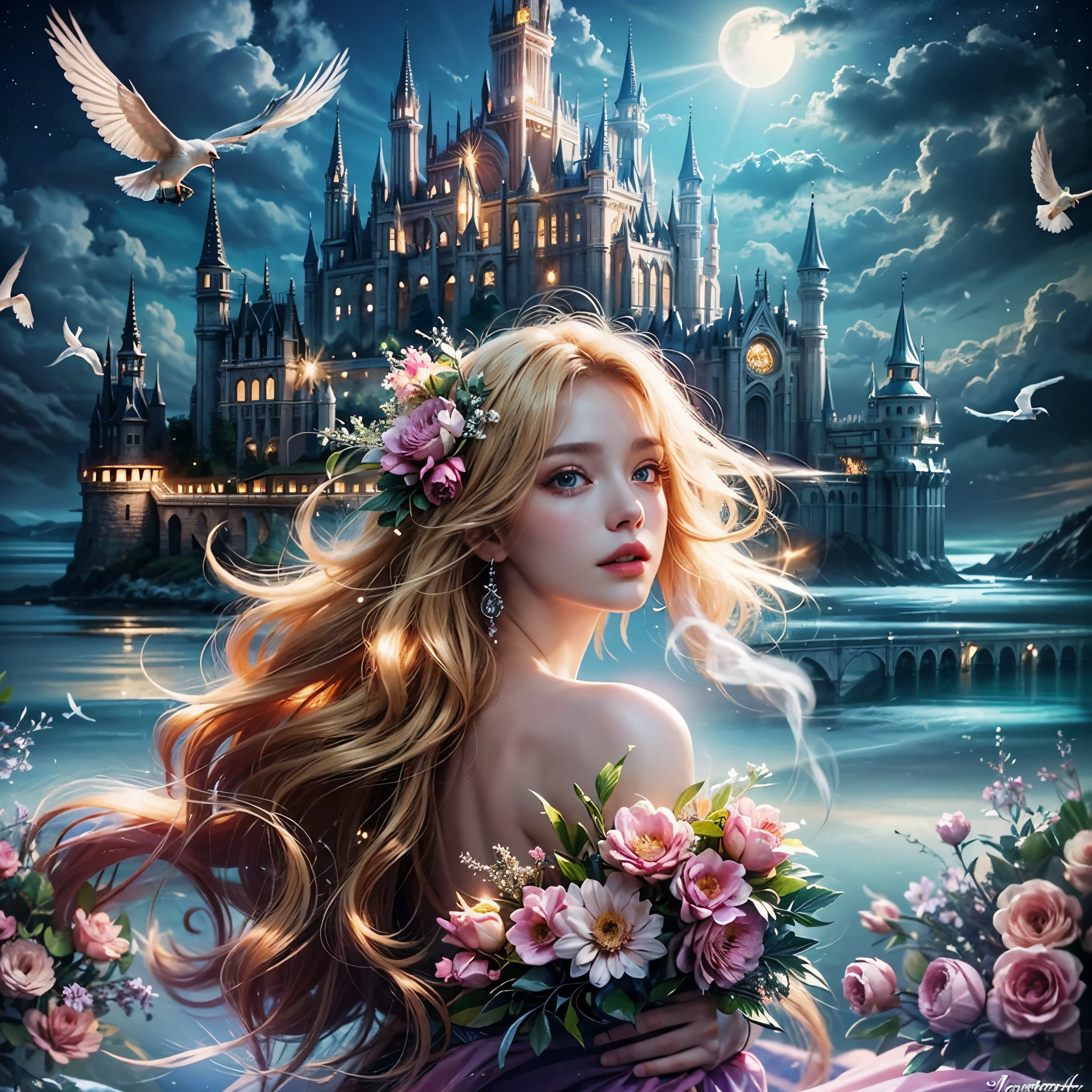 (Need,tmasterpiece),1girl,pose,Particle,ventania,florals,The upper part of the body,simplebackground,looking at viewert,Focus on the face,blond hairbl,Back,Turning Head,Correct anatomy,Detailed face, Detailed eyes,Castle, Flowers, delicate scene, sky, White clouds, and sunlight shine on the snow-white beach. Birds, Pink flowers and bright large shells, diamond crystal, On the beach, fantasy, Night sky, Moon, Smoke, Fire, Photo, HD, 8K, hyper HD, Super detail, High quality, A02,,,