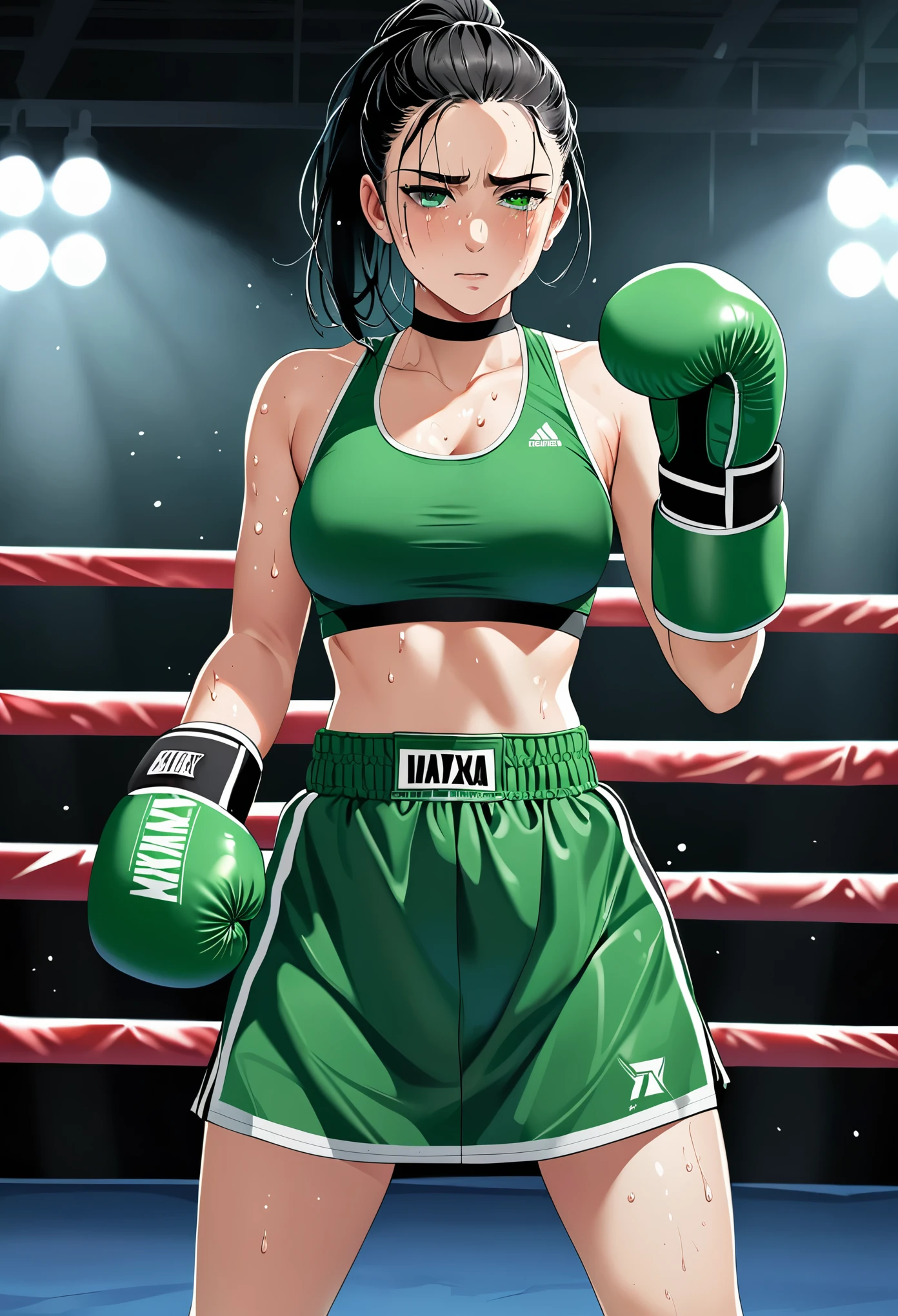 high quality, detailed image, woman, arrogant smile, bruise near the eye, bruise on cheek, bruises on the stomach, long black hair pulled back into a ponytail, very sweaty, in green high neck crop top, in a black boxing skirt with green seams, wearing green boxing gloves, in knee-high boxing boots, stands alone in the boxing ring holding her hands in boxing gloves at face level defending herself