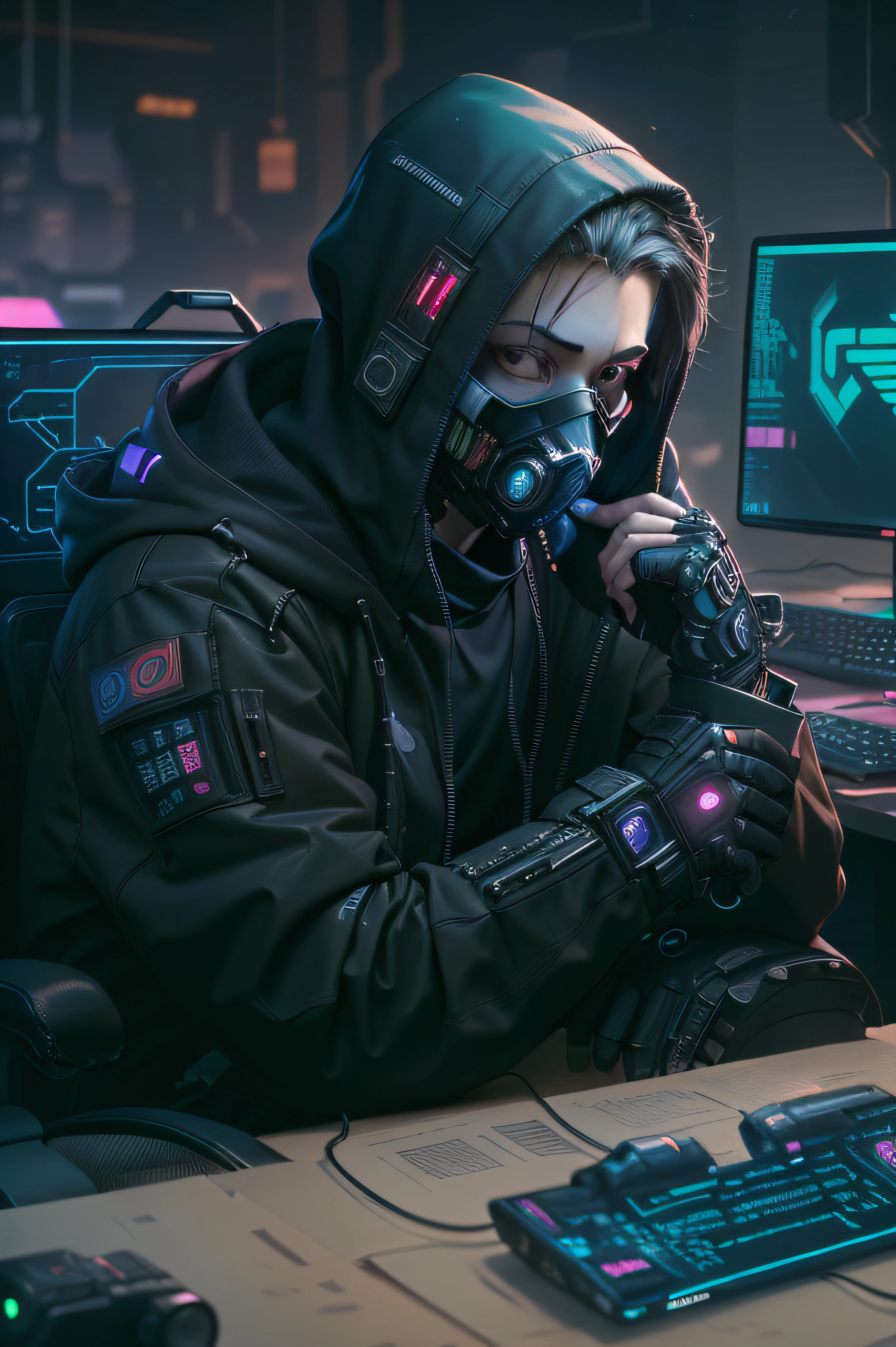 (mesa, da mais alta qualidade, Melhor qualidade, arte oficial, Beautiful and Aesthetic:1.2),(Ciberpunk:1.4) Hacker boy with his mouth covered by a black mask and a hacker logo to the left of the mask, ( na frente ele tem sua mesa , em cima dele, the PC monitor on the left, ) ( your hands relaxing on the table)