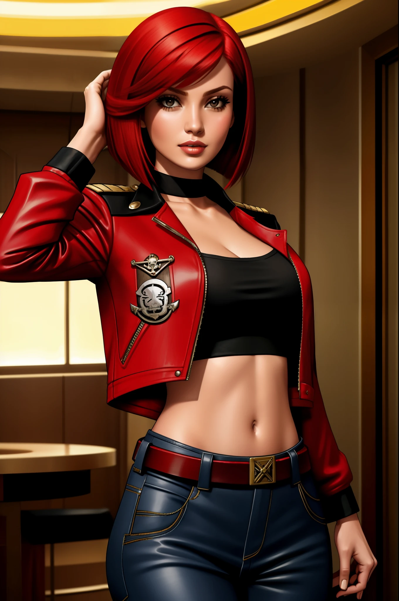 red bob cut, beautiful woman, starship captain, short jacket, cowboy shot, flirty, military bearing, standing, pirate, midriff