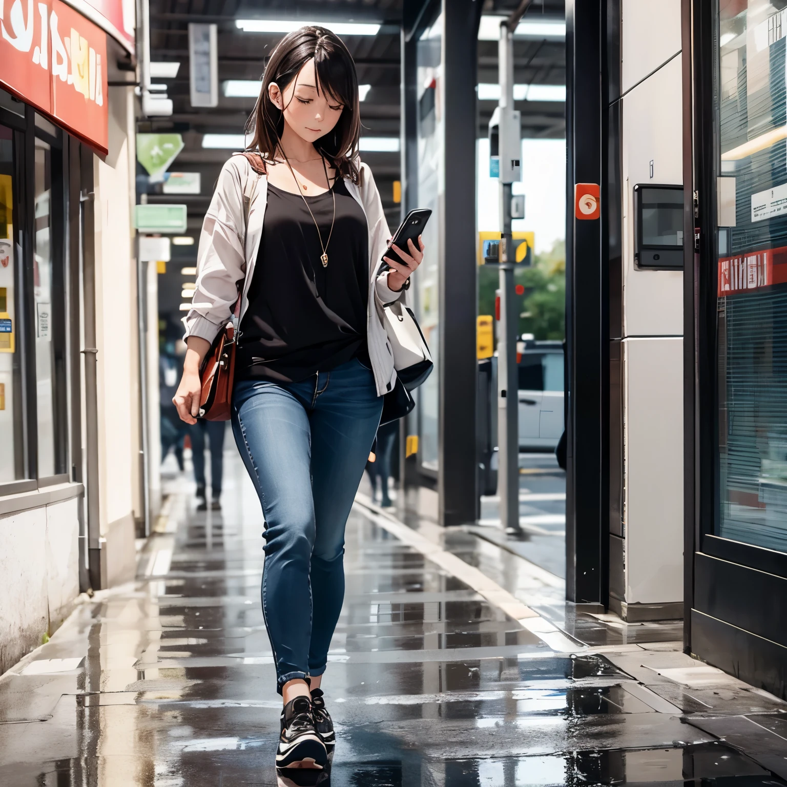 45-year-old woman walking with a cell phone in her hand and the wet floor