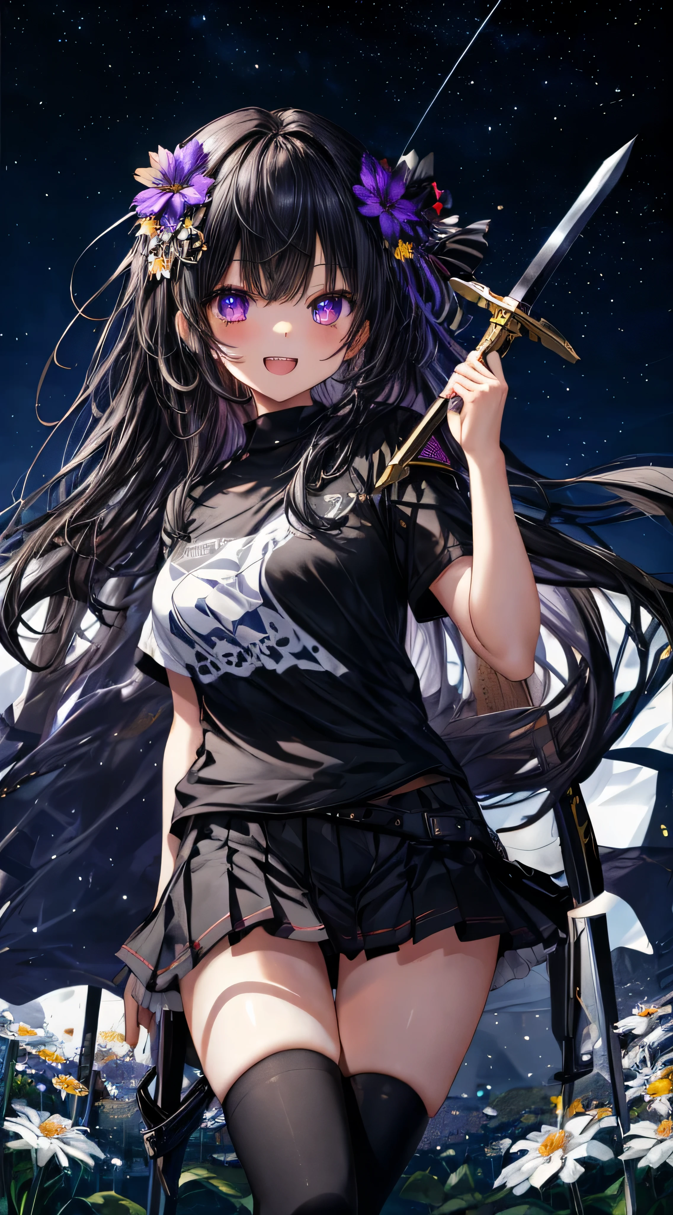 Masterpiece. Best quality. Full HD. Top body. 1girl, ( young girl, cute girl), slim body.medium breast, black hair.detailed beautiful eyes. Glowing eye. Bright violet eyes, long hair, bangs, black flower hair ornament, white T - shirt, holding sword.smile open mouth. Sharp teeth. The background is starry sky and shooting stars, black background 