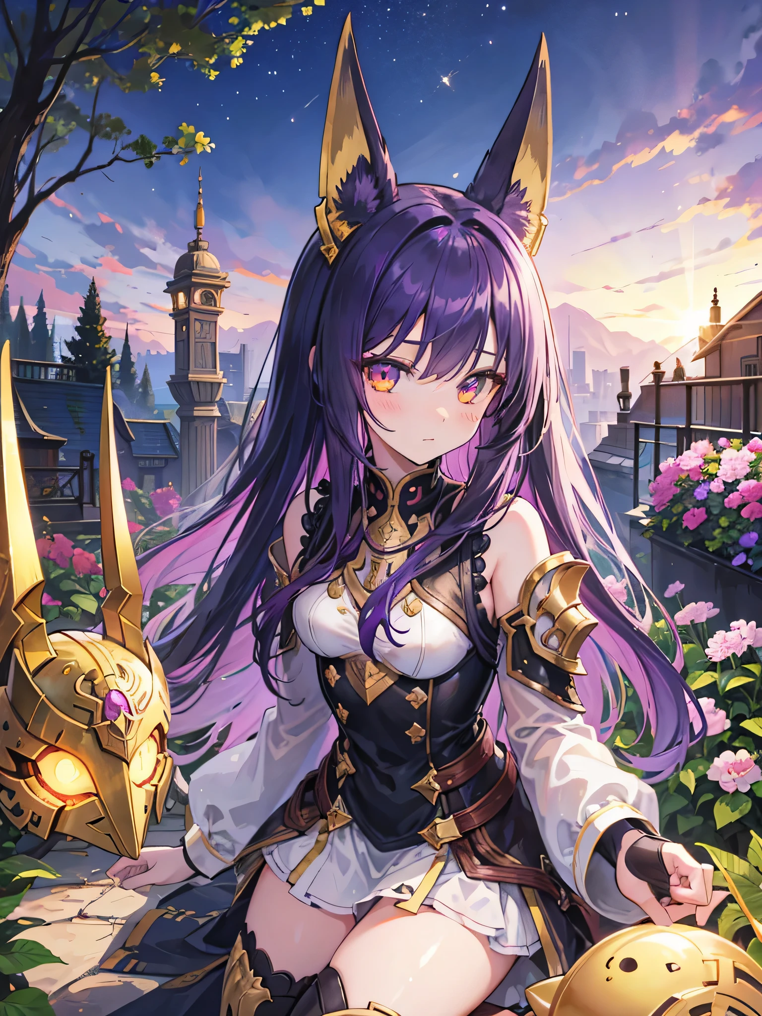 girl,purple hair,long hair anubis,dog ears,golden armor,helmet,garden,blush,golden eyes,cute,glowing eyes,glowing eyes,,Epic level