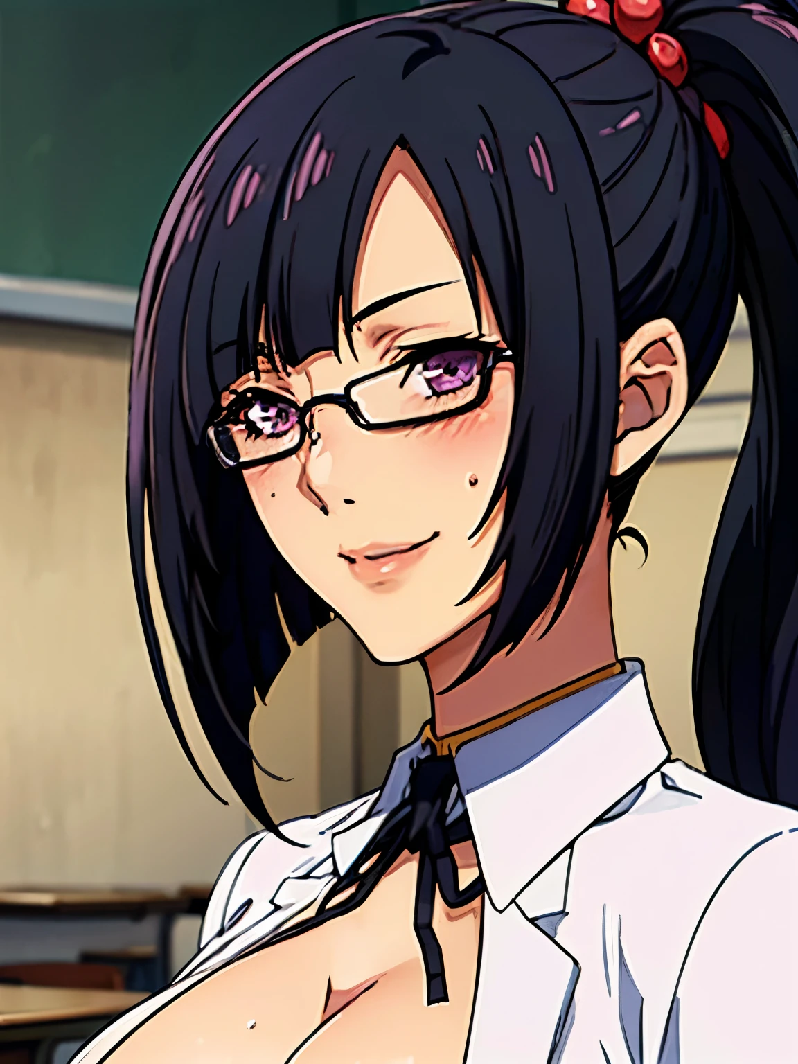 white formal shirt, lab coat, black short pants, (classroom background), (at classroom), ((potrait half body)), semi-rimless eyewear, black hair, very long hair, ponytail,Bangs,purple eyes, litchi faye ling, 20 years old, (solo), takeda hiromitsu style, anime cels style, best quality, high resolution, (huge breasts:1.3), blush, light smile