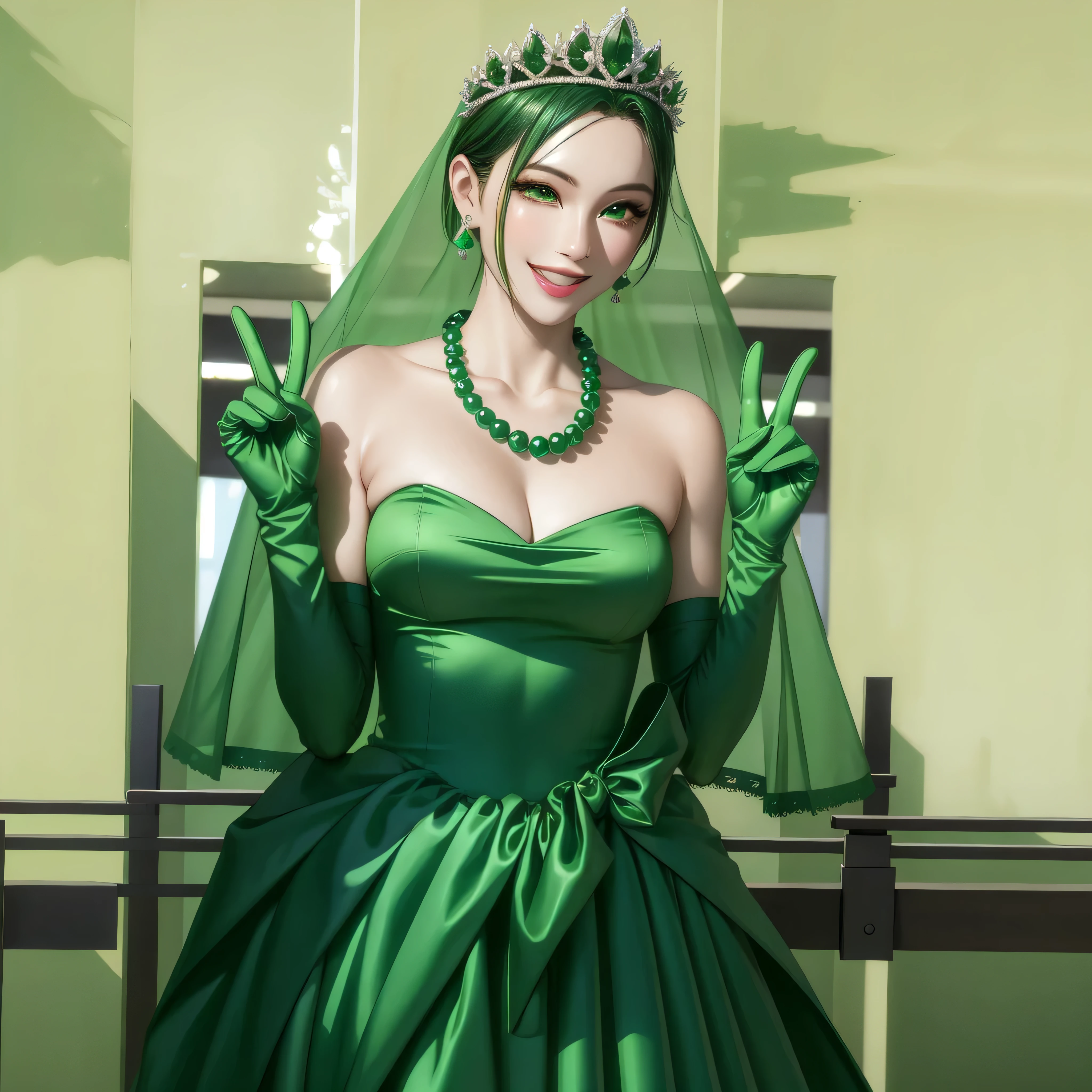 emerald tiara, green pearl necklace, boyish very short green hair, green lips, smiling Japanese woman, very short hair, Beautiful woman with big breasts, green eyes, green satin long gloves, green eyes, emerald earrings, green veil, Heart with both hands, green hair, beautiful japanese woman, V sign, green lip gloss