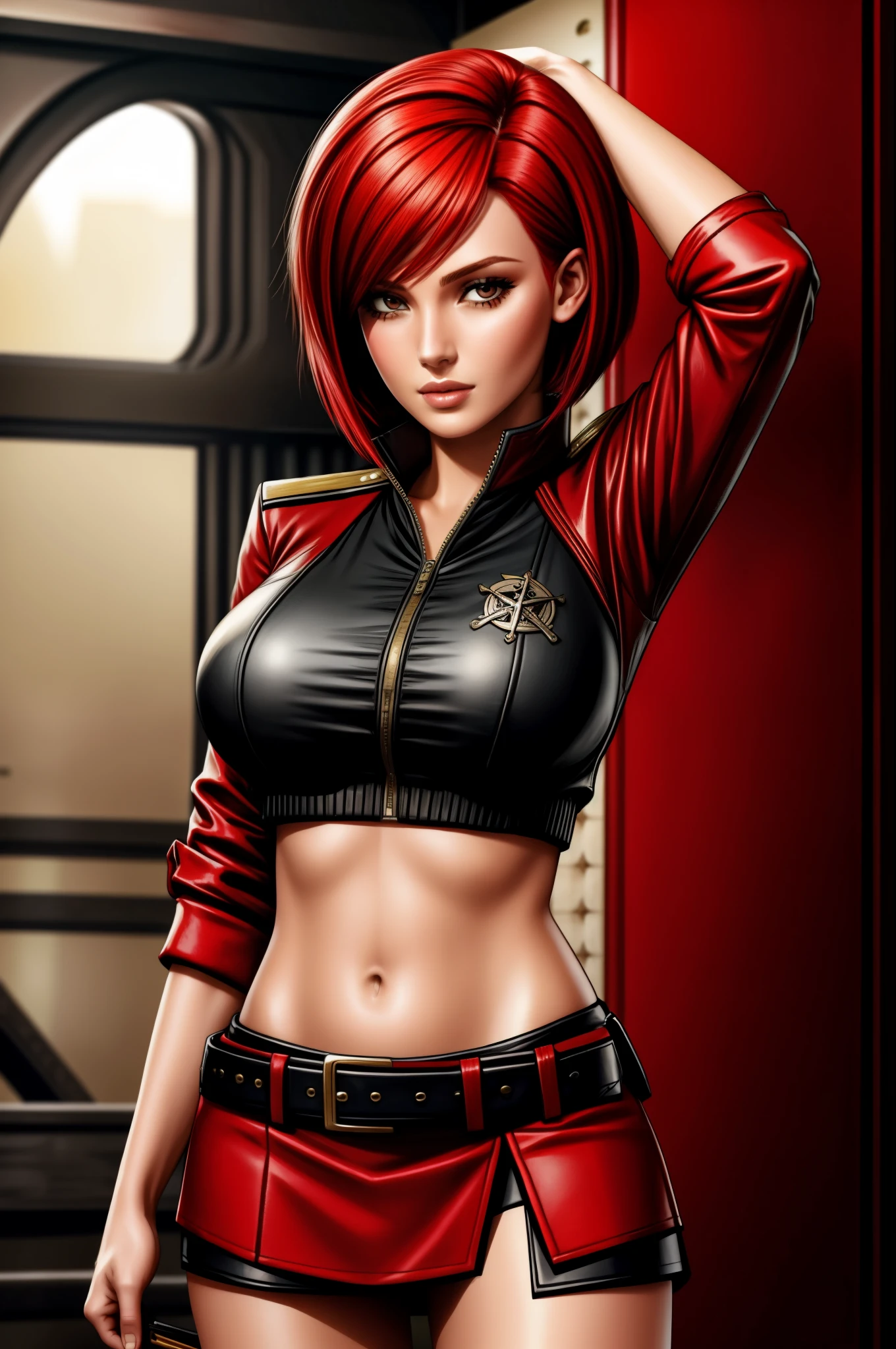 red bob cut, beautiful woman, starship captain, short jacket, cowboy shot, flirty, military bearing, standing, pirate, midriff, short skirt