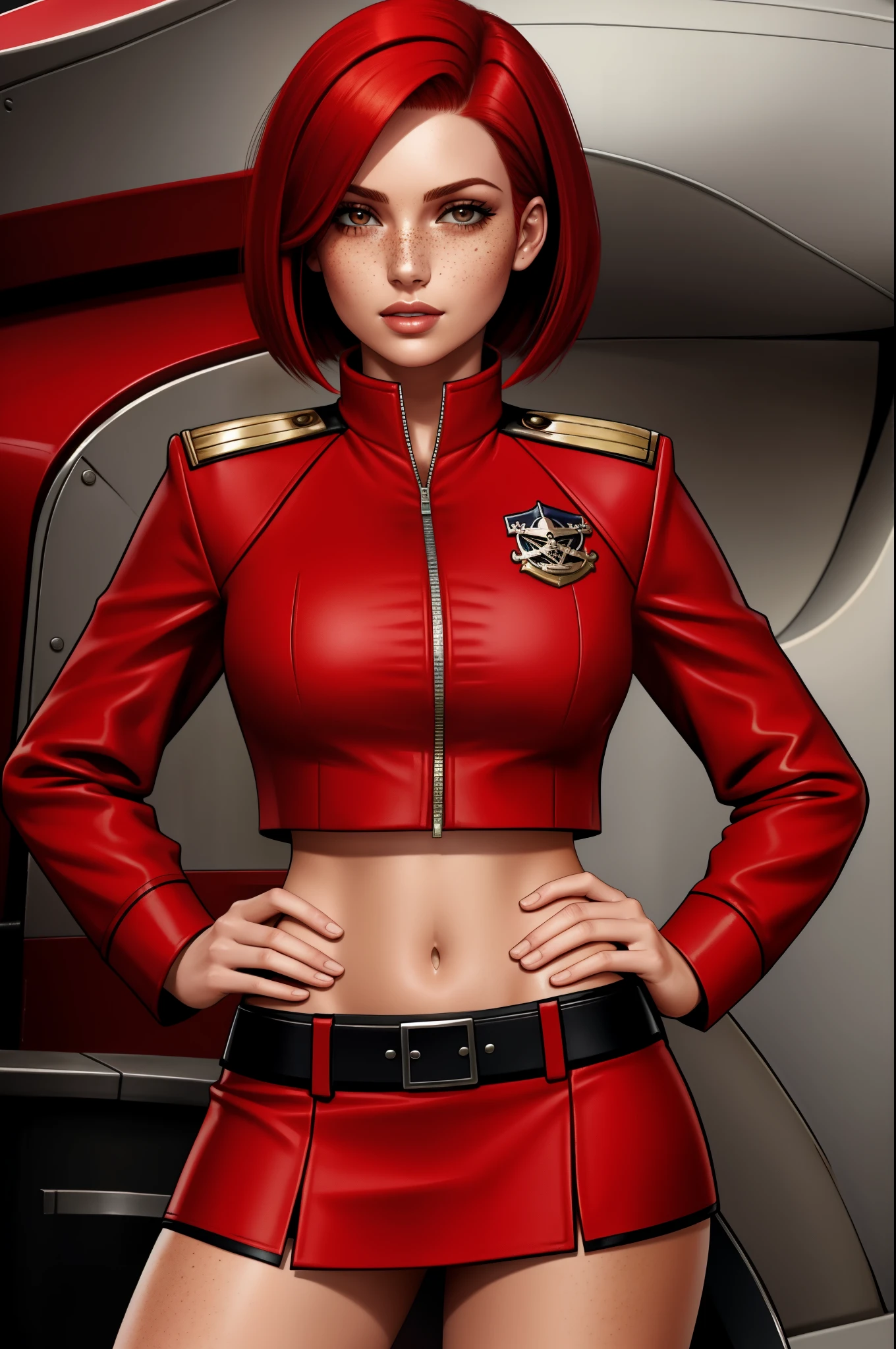 red bob cut, beautiful woman, starship captain, short jacket, cowboy shot, flirty, military bearing, standing, pirate, midriff, short skirt, freckles